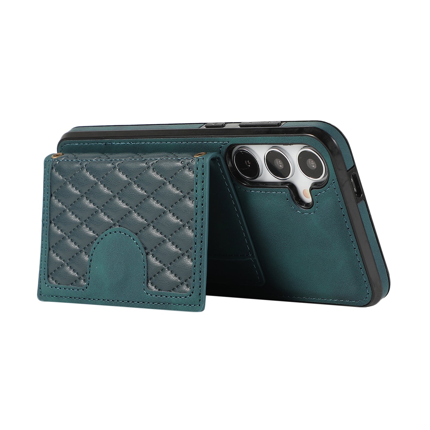 For Samsung Galaxy S24+ Case Grid Imprinted Kickstand Phone Cover with Shoulder Strap - Green
