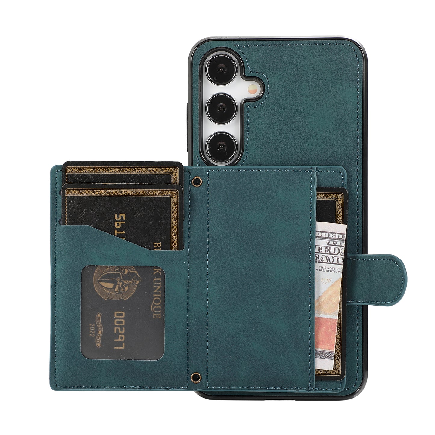 For Samsung Galaxy S24+ Case Grid Imprinted Kickstand Phone Cover with Shoulder Strap - Green
