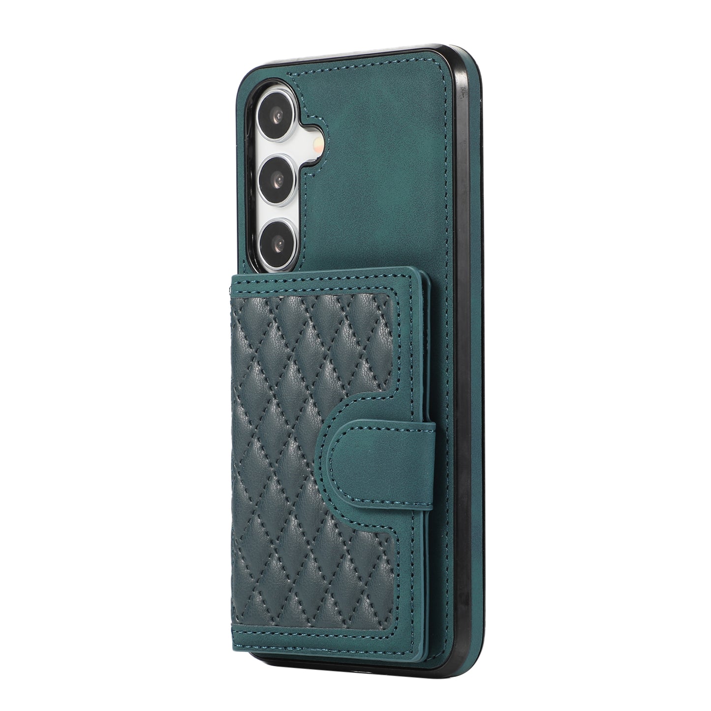 For Samsung Galaxy S24+ Case Grid Imprinted Kickstand Phone Cover with Shoulder Strap - Green