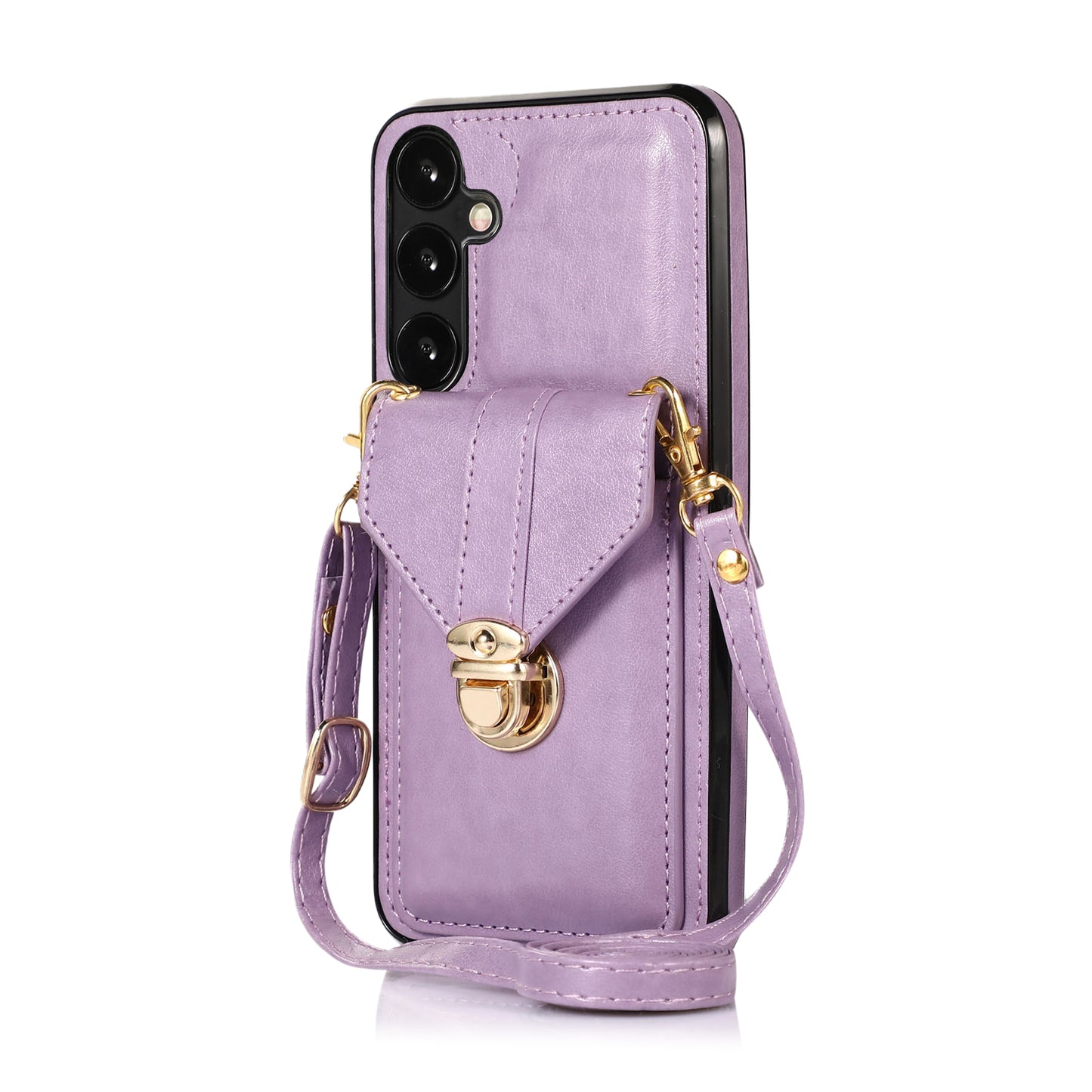 For Samsung Galaxy S24+ Cell Phone Case Metal Buckle Card Holder Leather+TPU Cover - Purple