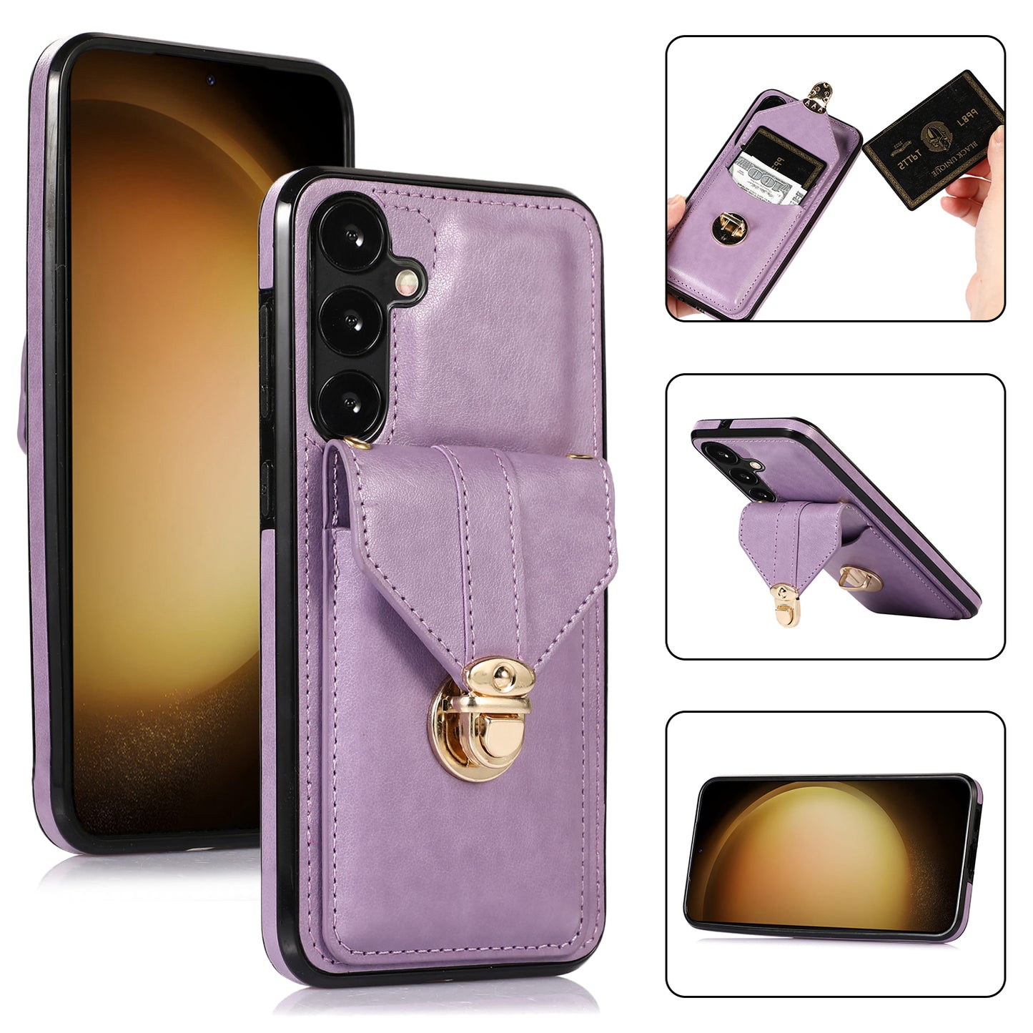 For Samsung Galaxy S24+ Cell Phone Case Metal Buckle Card Holder Leather+TPU Cover - Purple