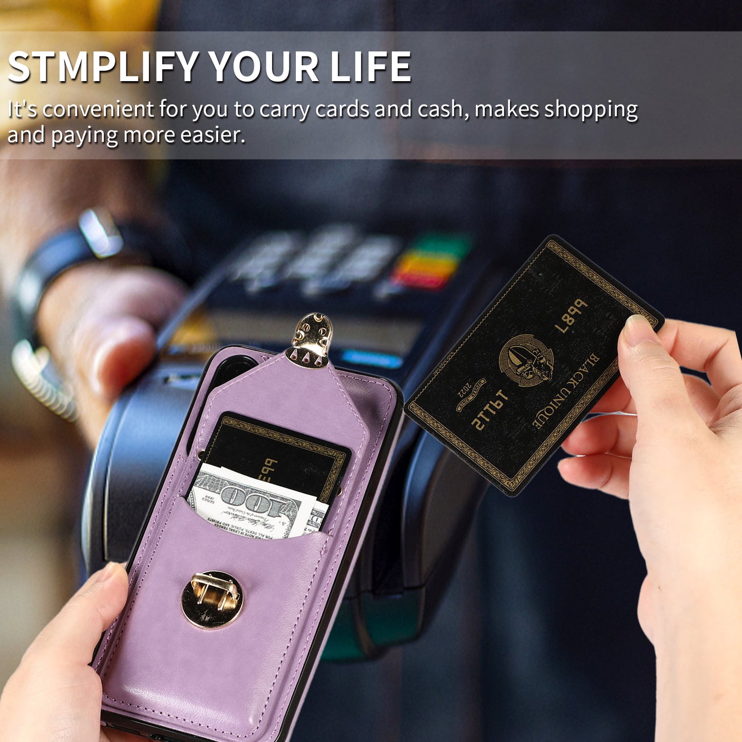 For Samsung Galaxy S24+ Cell Phone Case Metal Buckle Card Holder Leather+TPU Cover - Purple