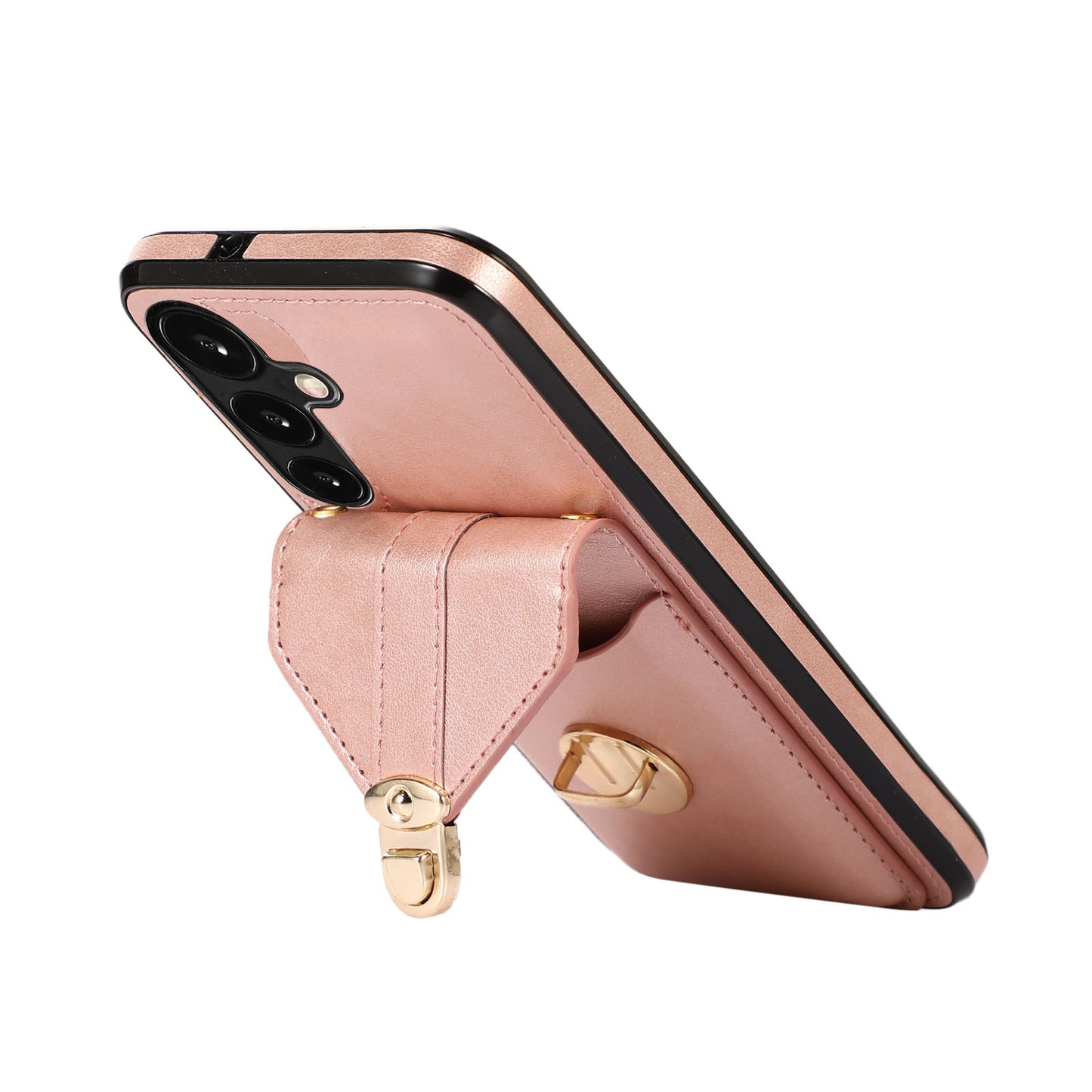 For Samsung Galaxy S24+ Cell Phone Case Metal Buckle Card Holder Leather+TPU Cover - Rose Gold