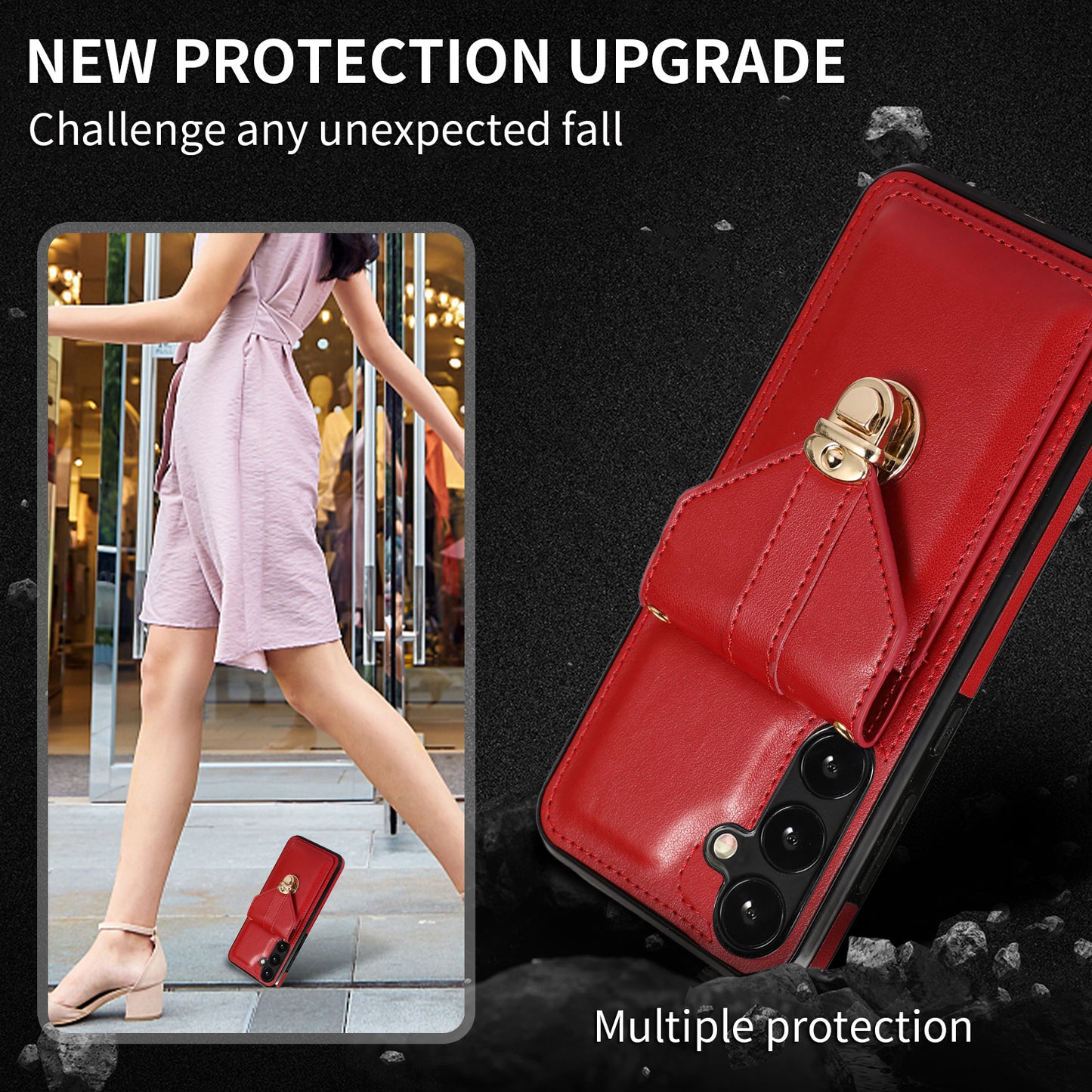For Samsung Galaxy S24+ Cell Phone Case Metal Buckle Card Holder Leather+TPU Cover - Red