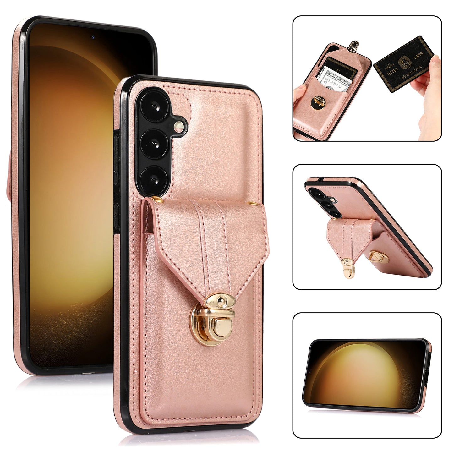 For Samsung Galaxy S24 Cell Phone Case Card Holder Leather+TPU Shockproof Cover - Rose Gold