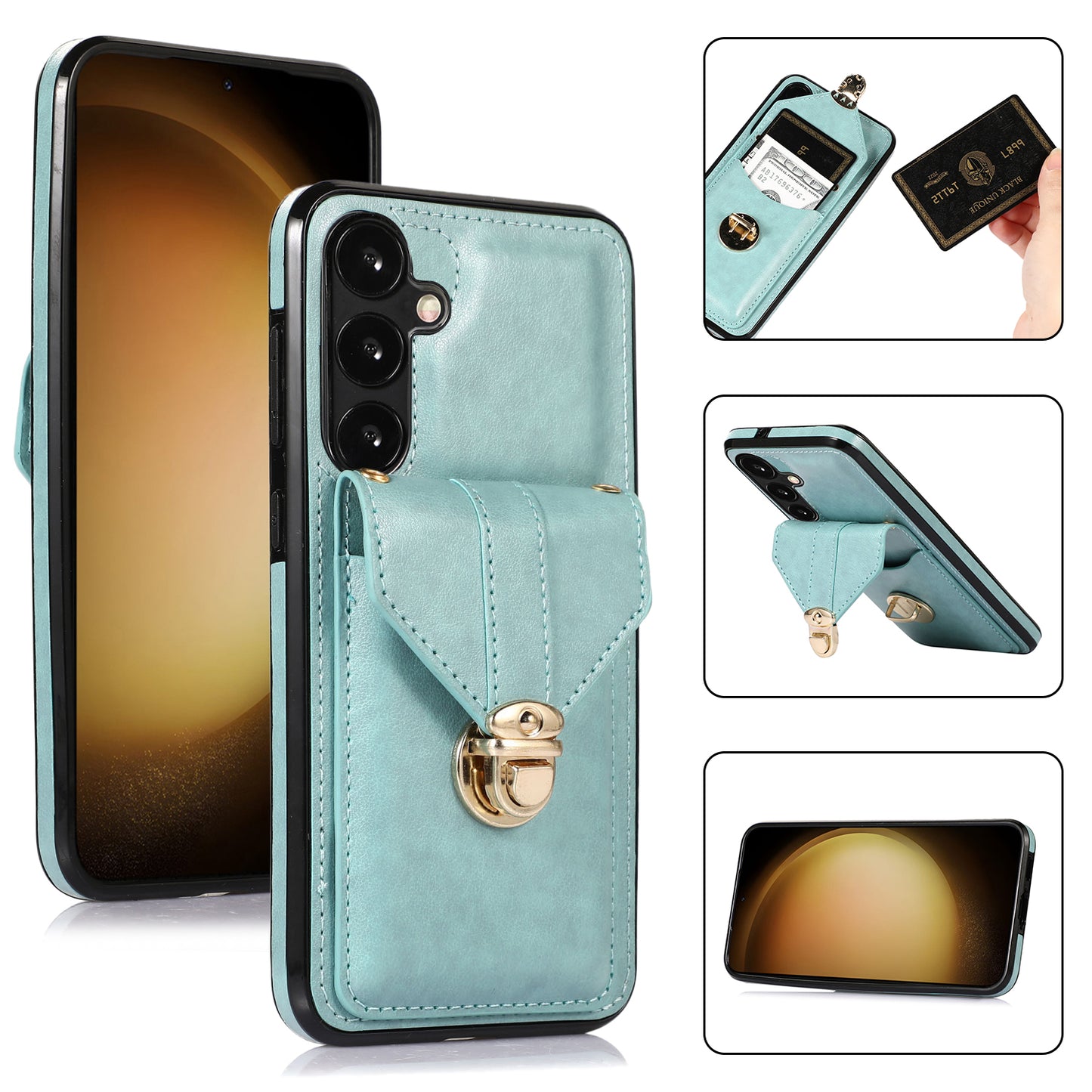 For Samsung Galaxy S24 Cell Phone Case Card Holder Leather+TPU Shockproof Cover - Green