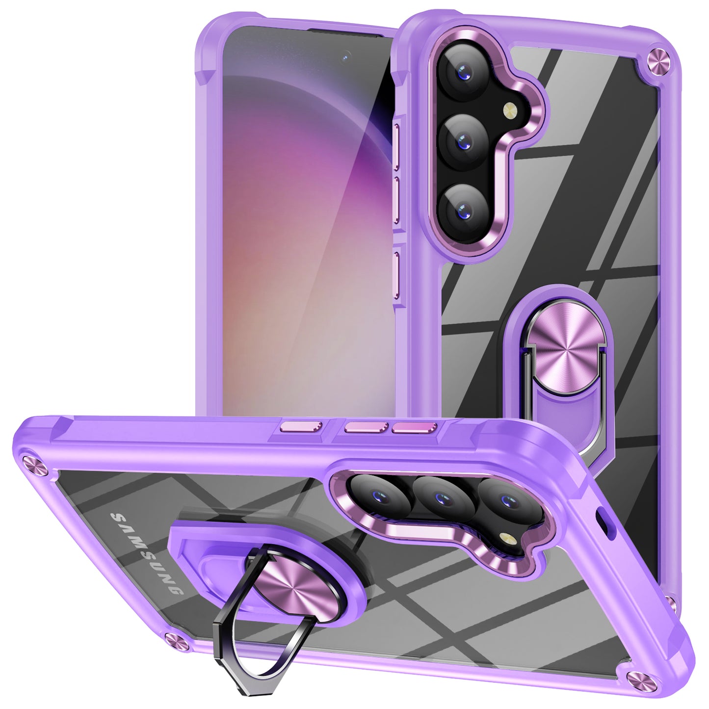 For Samsung Galaxy S24 Case PC+TPU Shockproof Phone Back Cover with Metal Ring Kickstand - Purple