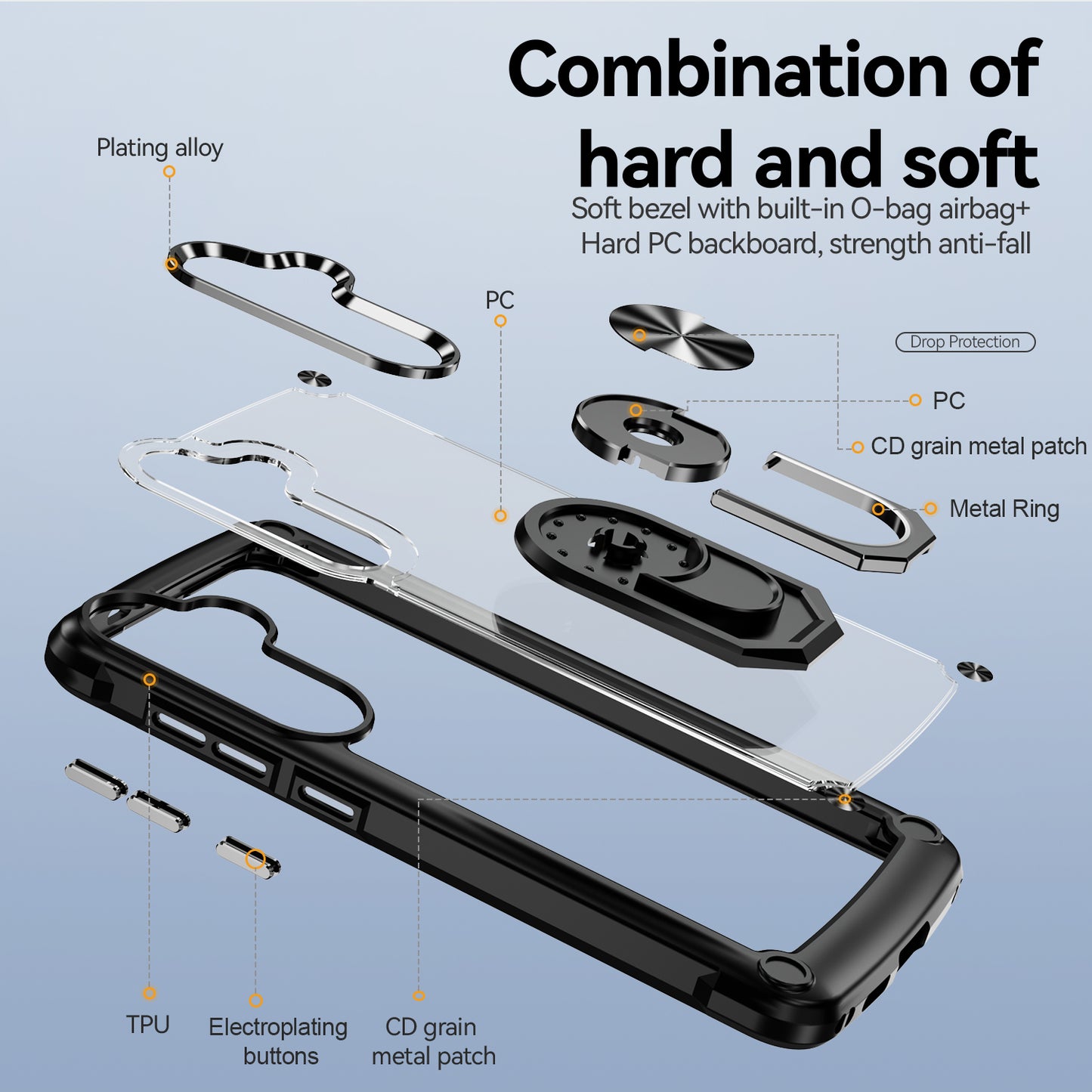 For Samsung Galaxy S24 Case PC+TPU Shockproof Phone Back Cover with Metal Ring Kickstand - Black