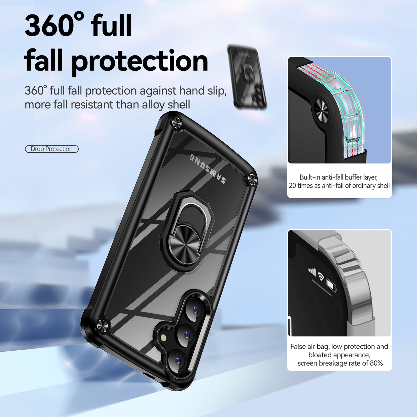 For Samsung Galaxy S24 Case PC+TPU Shockproof Phone Back Cover with Metal Ring Kickstand - Black