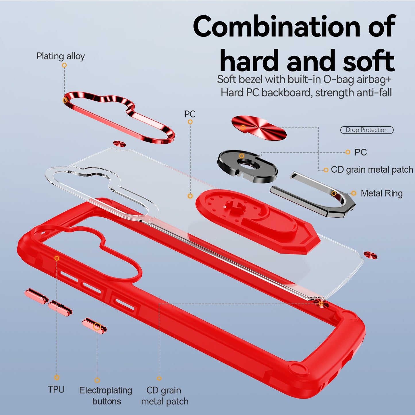 For Samsung Galaxy S24 Case PC+TPU Shockproof Phone Back Cover with Metal Ring Kickstand - Red