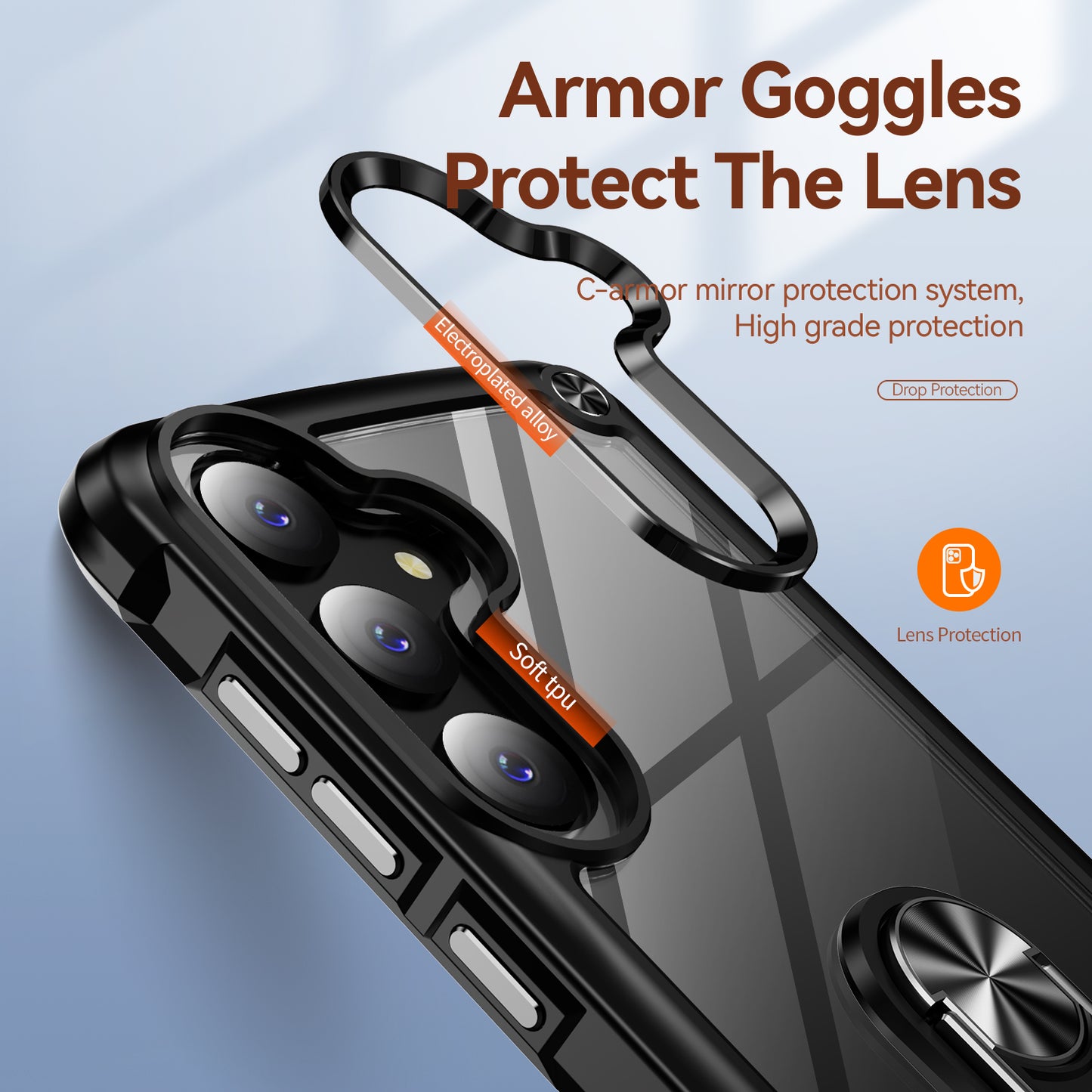 For Samsung Galaxy S24+ Cell Phone Case Anti-scratch PC+TPU Metal Ring Kickstand Protective Cover - Black
