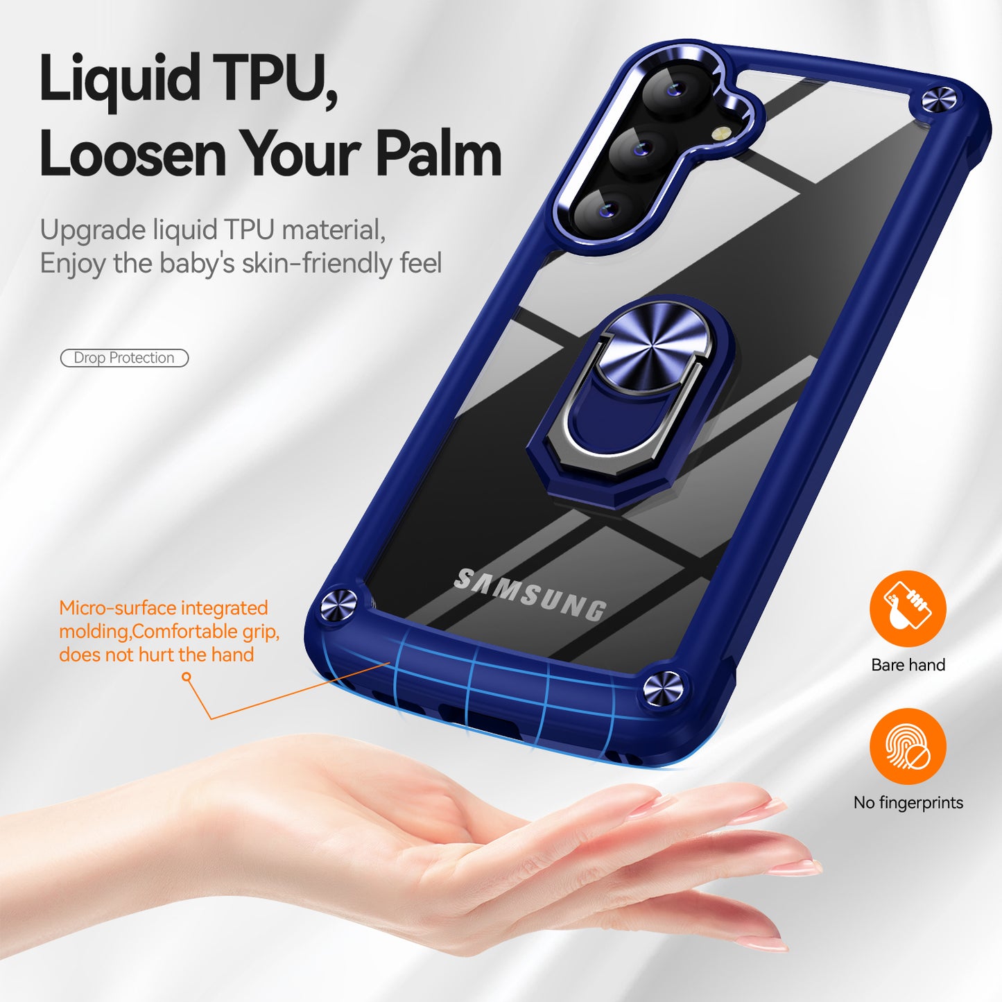 For Samsung Galaxy S24+ Cell Phone Case Anti-scratch PC+TPU Metal Ring Kickstand Protective Cover - Blue