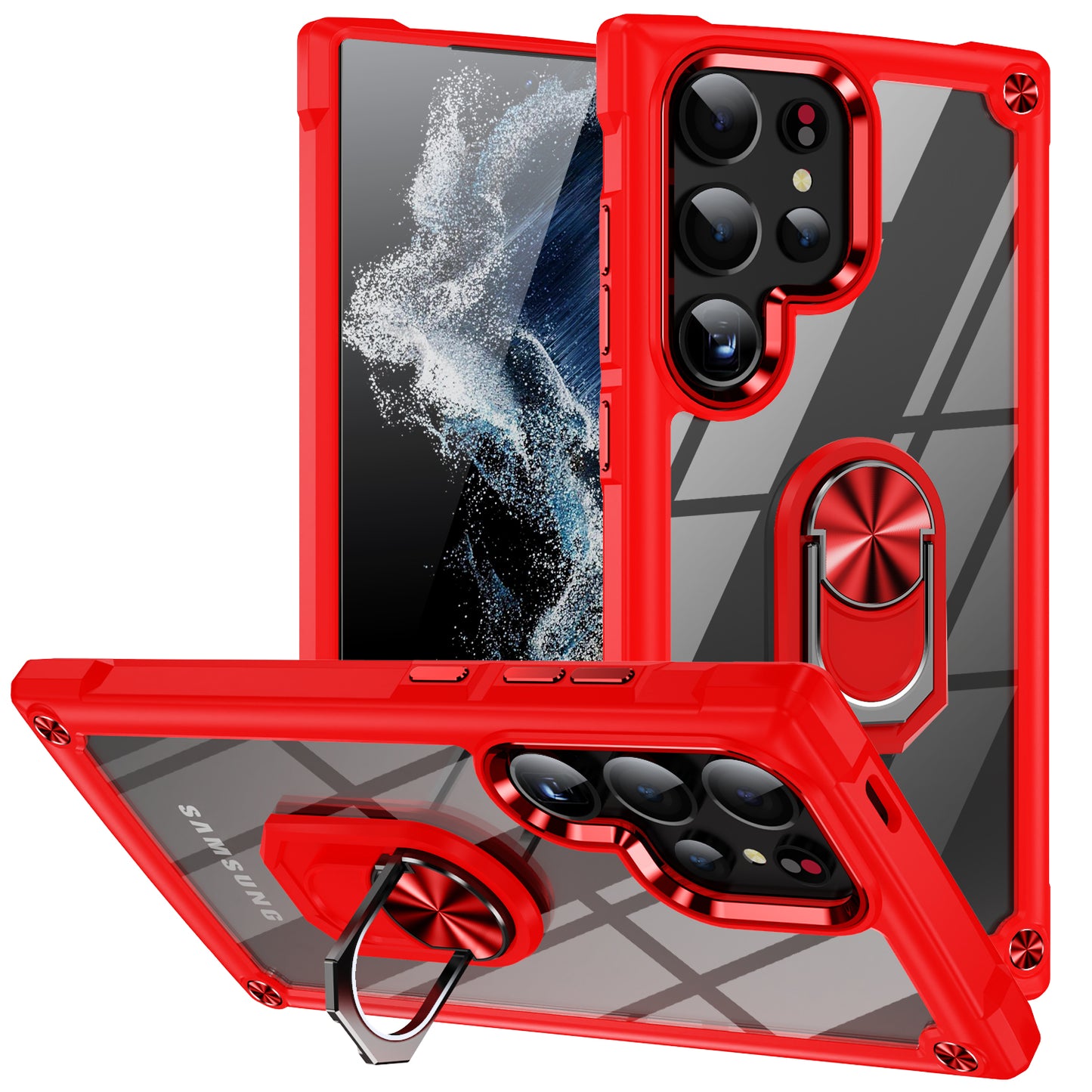 For Samsung Galaxy S24 Ultra Case Drop-proof PC+TPU Metal Ring Kickstand Phone Back Shell - Red