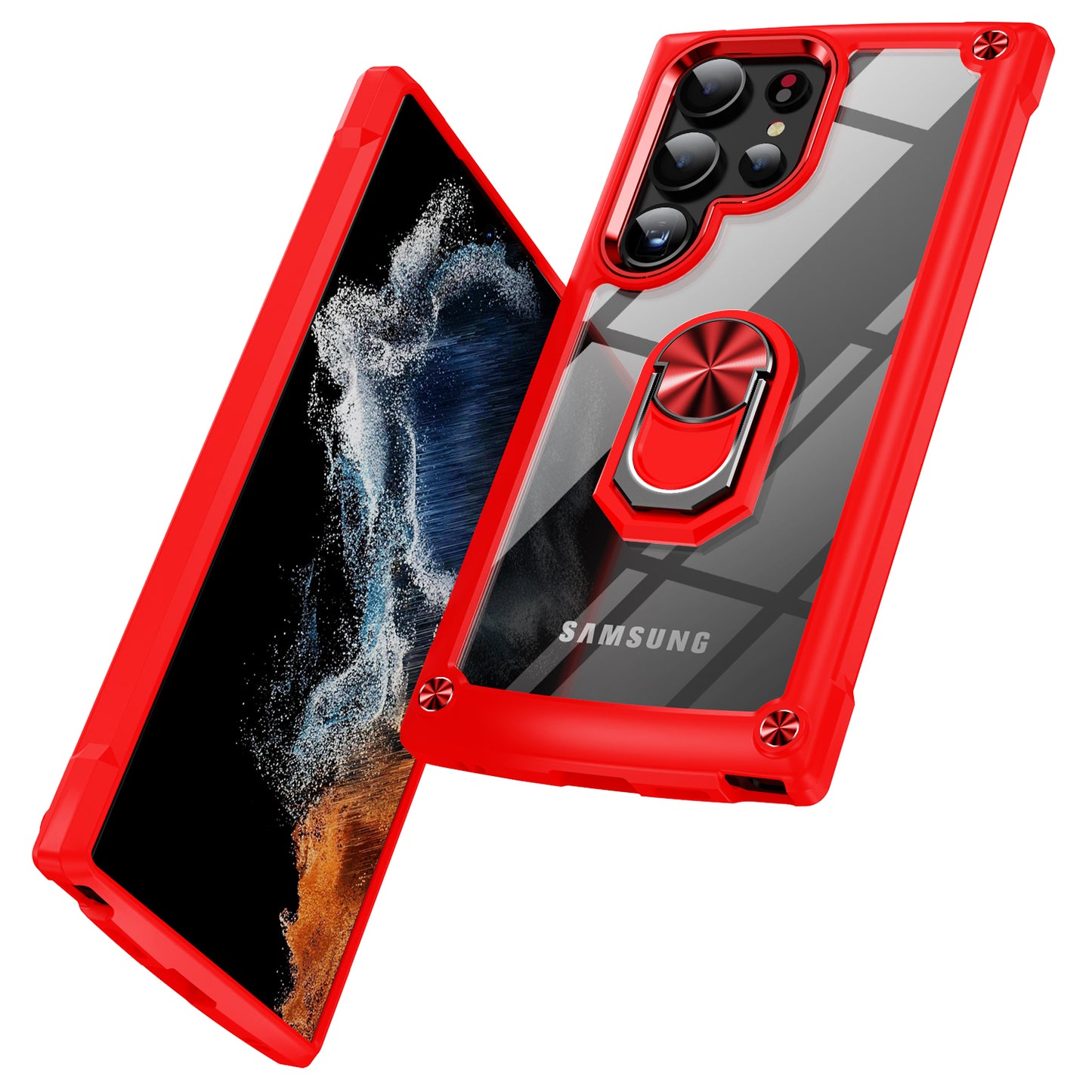 For Samsung Galaxy S24 Ultra Case Drop-proof PC+TPU Metal Ring Kickstand Phone Back Shell - Red
