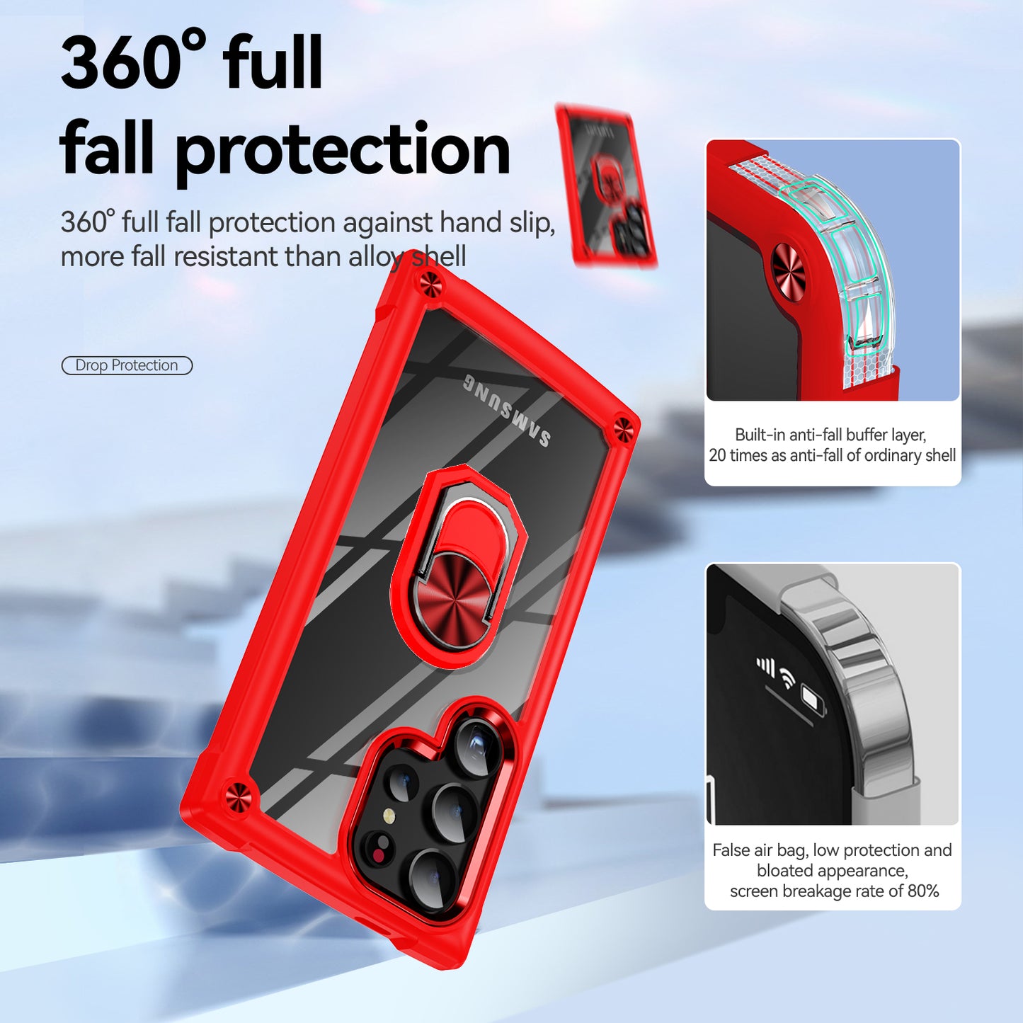 For Samsung Galaxy S24 Ultra Case Drop-proof PC+TPU Metal Ring Kickstand Phone Back Shell - Red