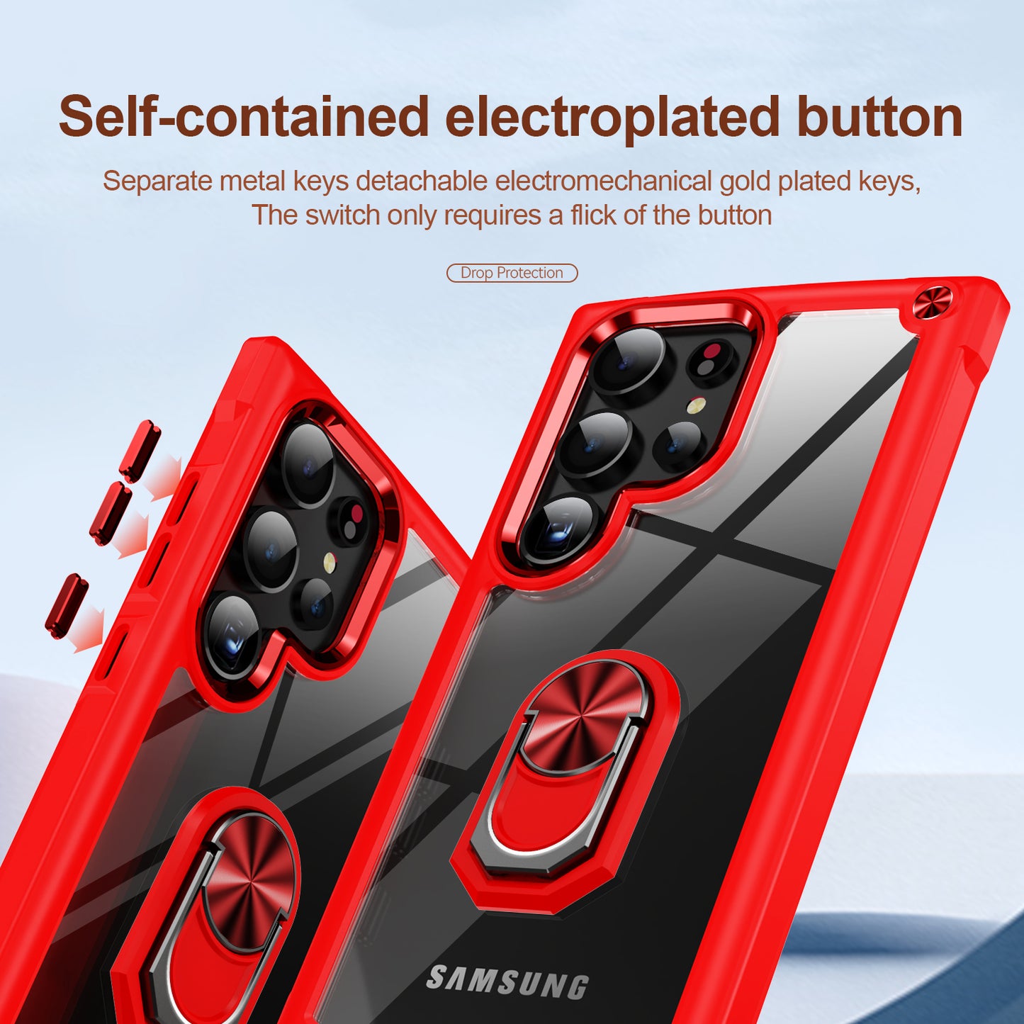 For Samsung Galaxy S24 Ultra Case Drop-proof PC+TPU Metal Ring Kickstand Phone Back Shell - Red