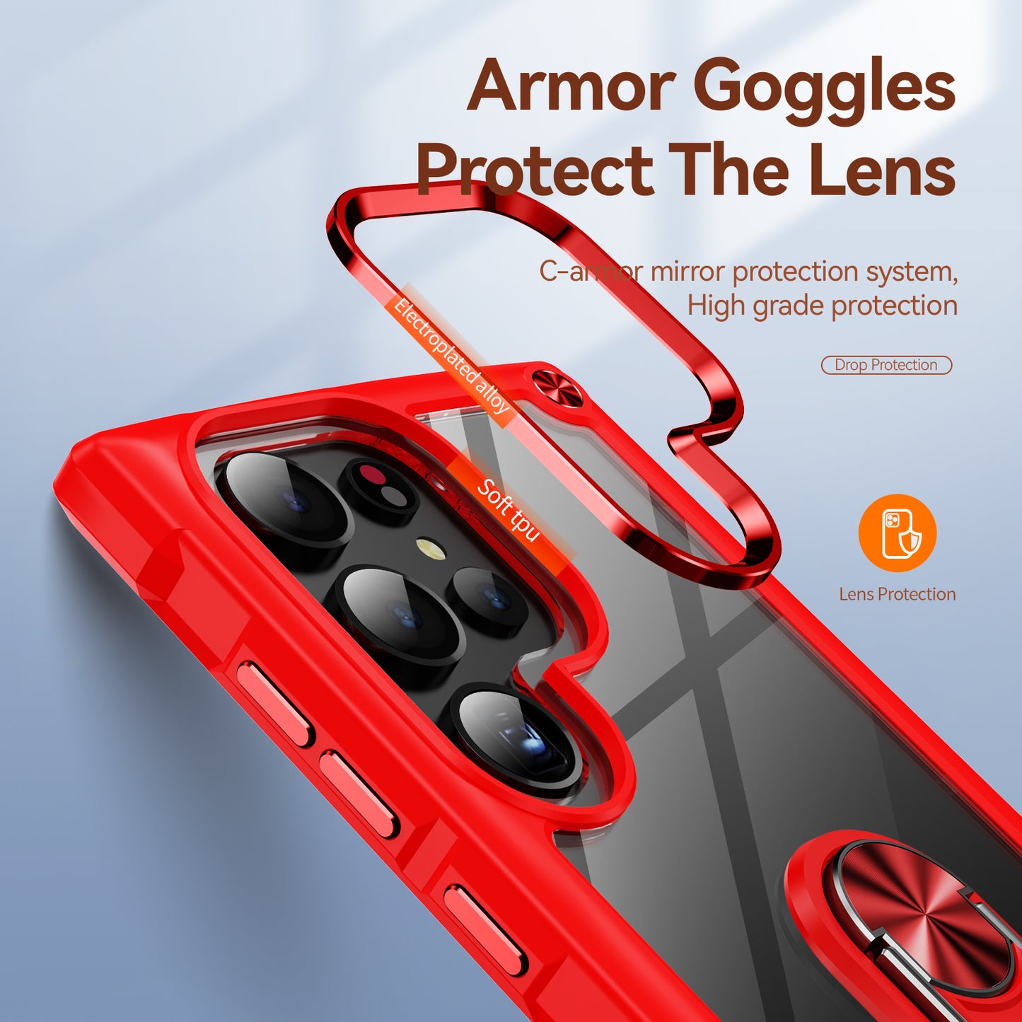 For Samsung Galaxy S24 Ultra Case Drop-proof PC+TPU Metal Ring Kickstand Phone Back Shell - Red