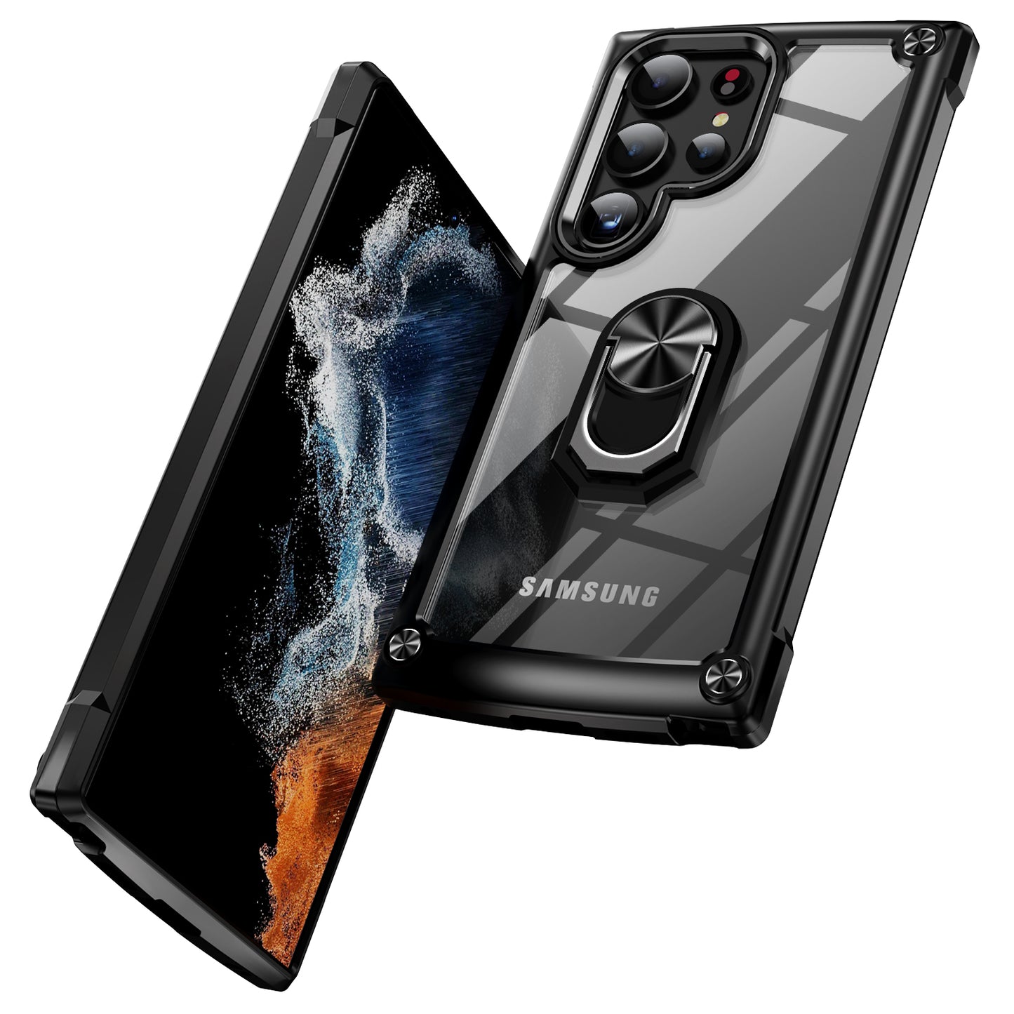 For Samsung Galaxy S24 Ultra Case Drop-proof PC+TPU Metal Ring Kickstand Phone Back Shell - Black