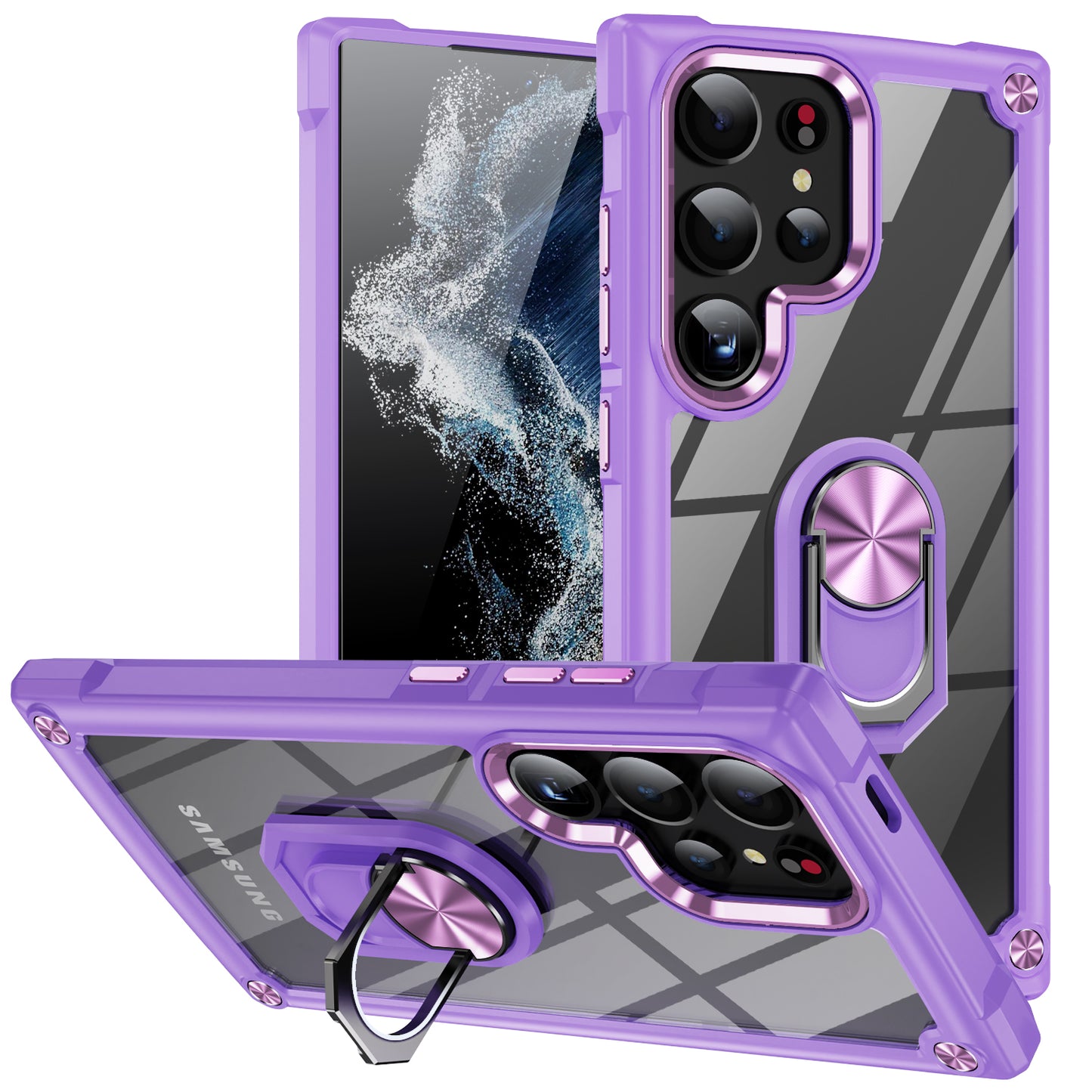 For Samsung Galaxy S24 Ultra Case Drop-proof PC+TPU Metal Ring Kickstand Phone Back Shell - Purple
