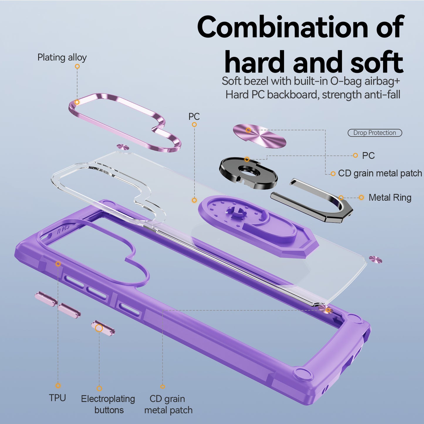 For Samsung Galaxy S24 Ultra Case Drop-proof PC+TPU Metal Ring Kickstand Phone Back Shell - Purple