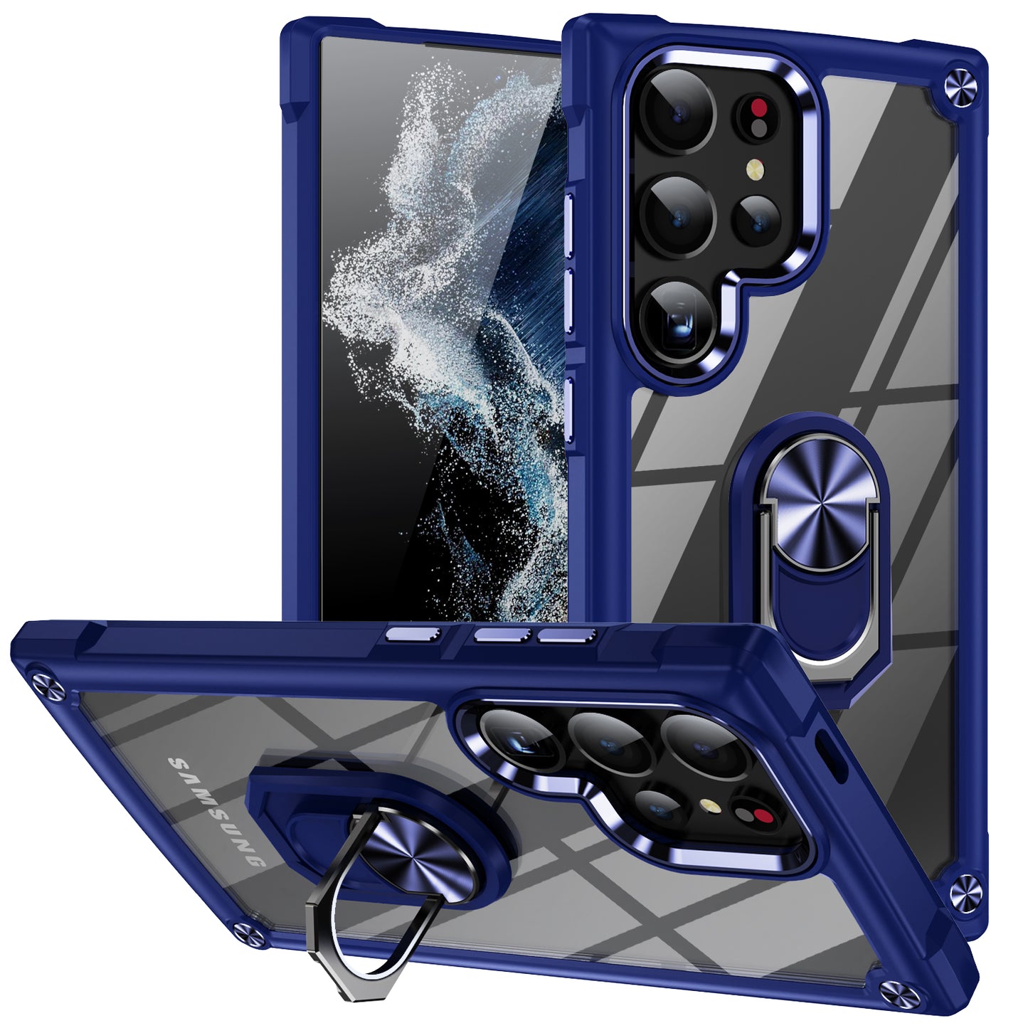 For Samsung Galaxy S24 Ultra Case Drop-proof PC+TPU Metal Ring Kickstand Phone Back Shell - Blue