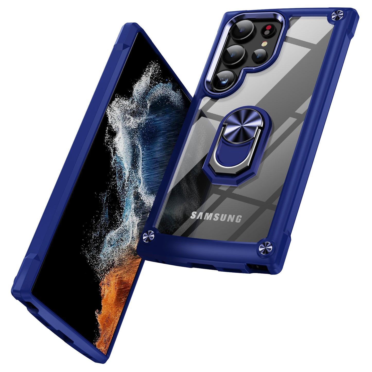 For Samsung Galaxy S24 Ultra Case Drop-proof PC+TPU Metal Ring Kickstand Phone Back Shell - Blue