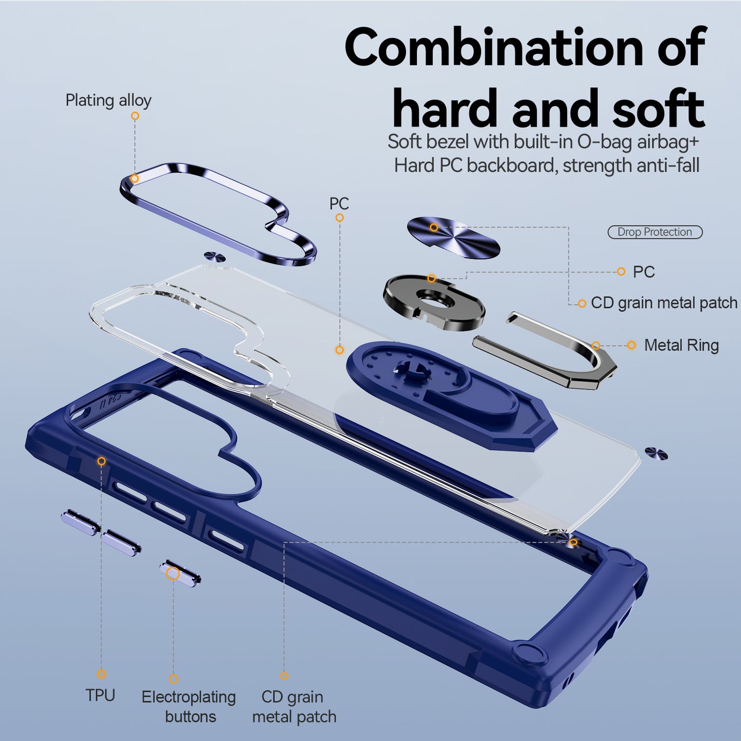 For Samsung Galaxy S24 Ultra Case Drop-proof PC+TPU Metal Ring Kickstand Phone Back Shell - Blue