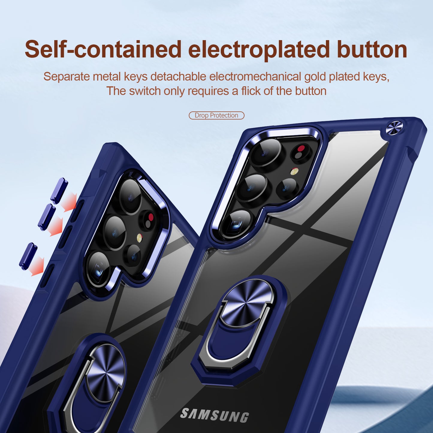 For Samsung Galaxy S24 Ultra Case Drop-proof PC+TPU Metal Ring Kickstand Phone Back Shell - Blue