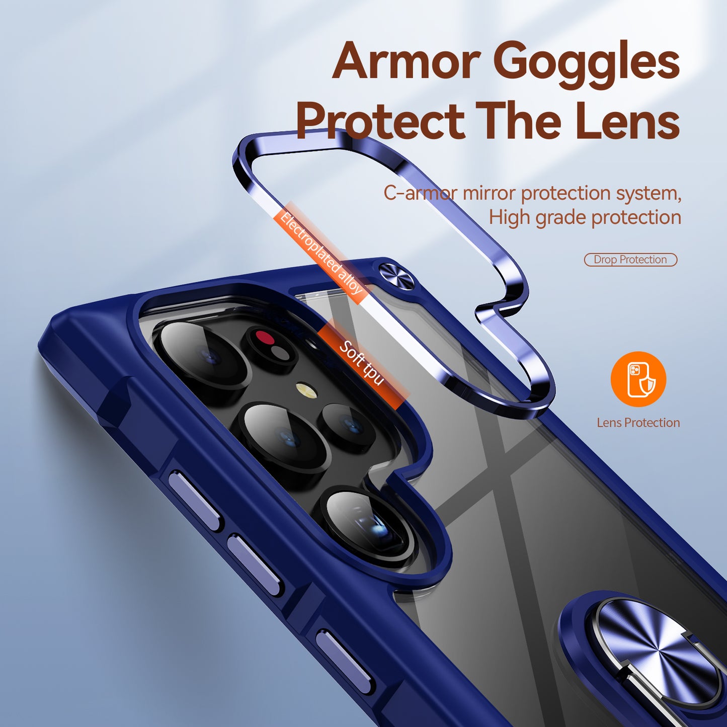 For Samsung Galaxy S24 Ultra Case Drop-proof PC+TPU Metal Ring Kickstand Phone Back Shell - Blue