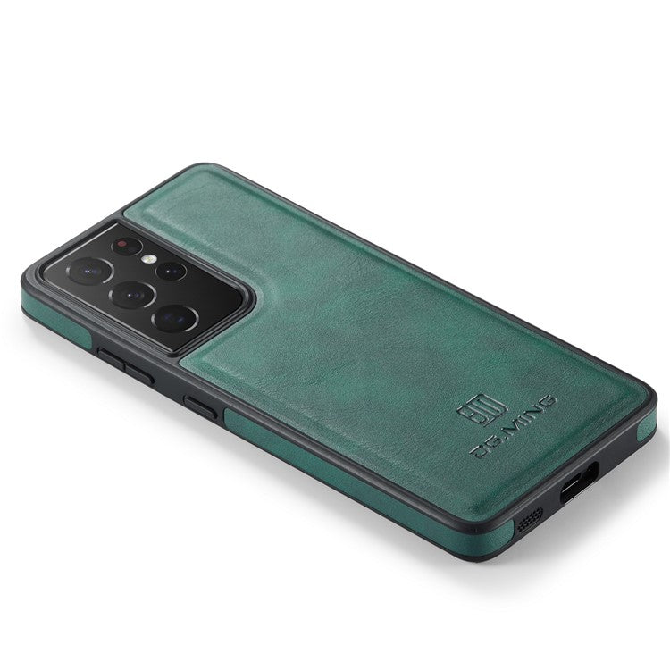 DG.MING For Samsung Galaxy S21 Ultra 5G Phone Case Leather Coated PC+TPU Shell Cover - Green