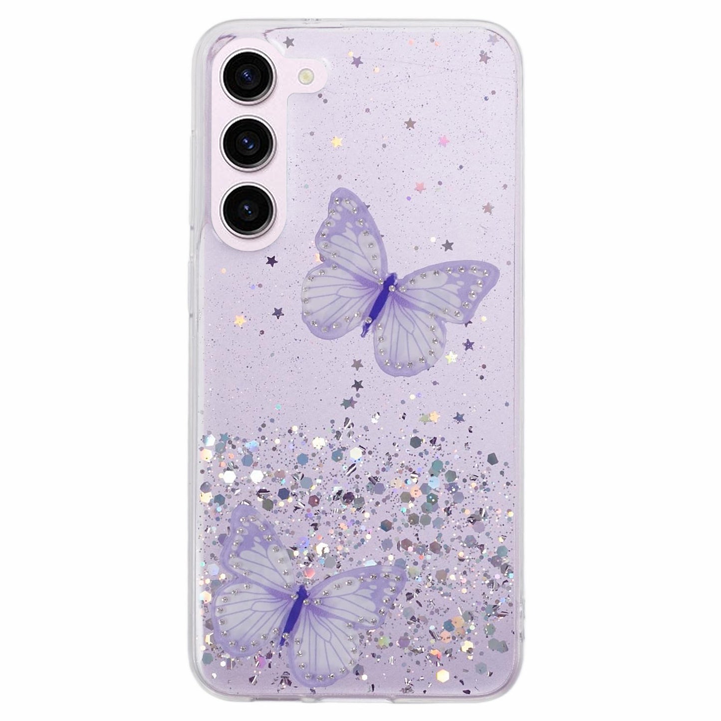 AW Series For Samsung Galaxy S24 Case TPU+PVC Sparkle Epoxy Butterfly Decor Cover with Big Rear Lens Hole - Purple