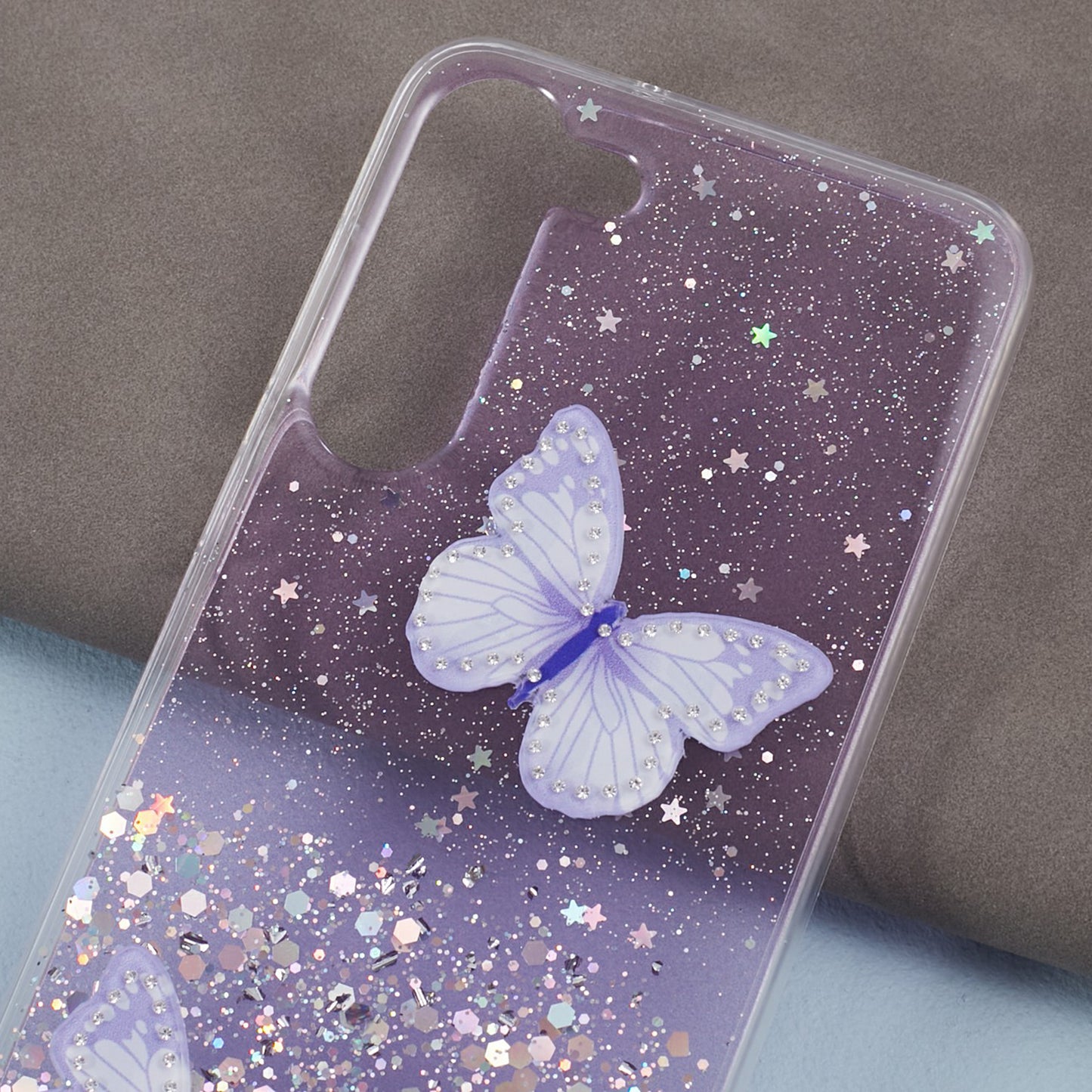 AW Series For Samsung Galaxy S24 Case TPU+PVC Sparkle Epoxy Butterfly Decor Cover with Big Rear Lens Hole - Purple