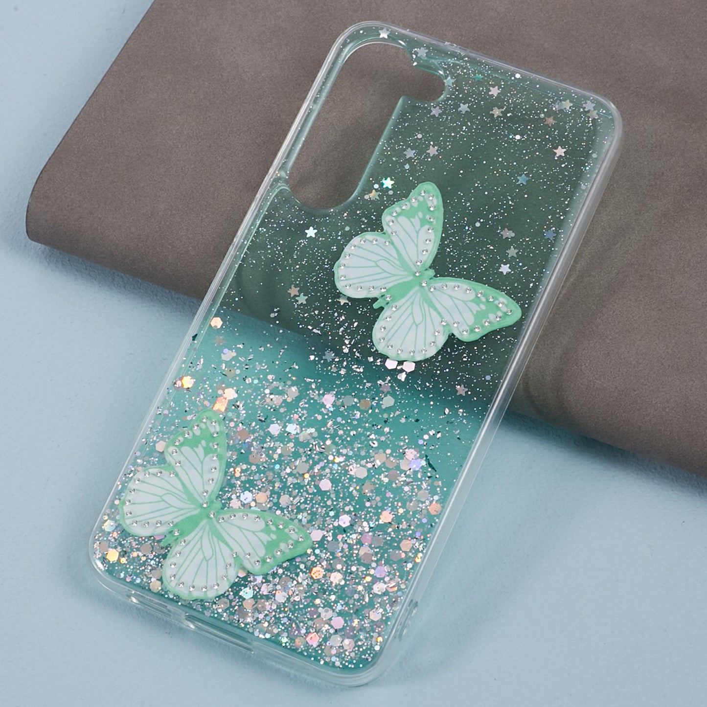 AW Series For Samsung Galaxy S24 Case TPU+PVC Sparkle Epoxy Butterfly Decor Cover with Big Rear Lens Hole - Green