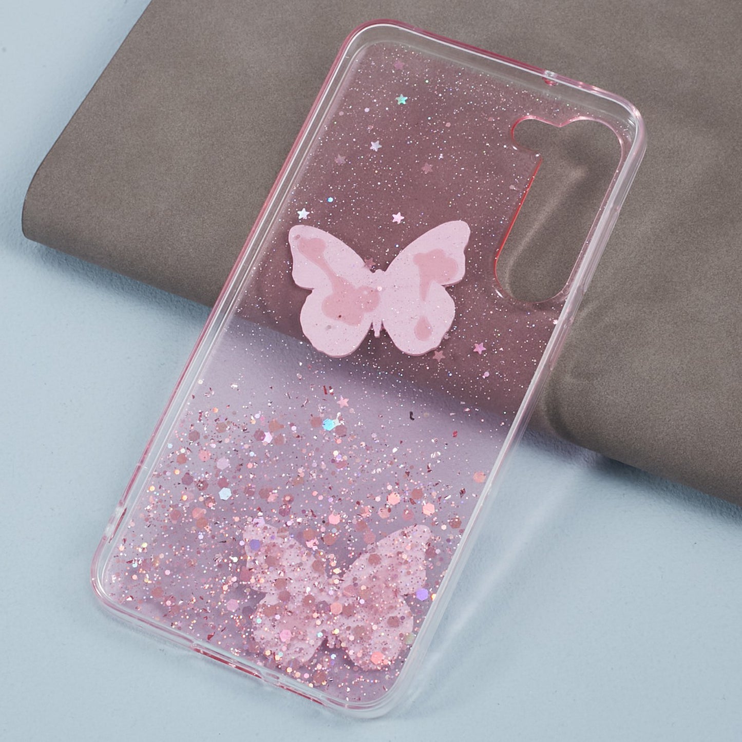 AW Series For Samsung Galaxy S24 Case TPU+PVC Sparkle Epoxy Butterfly Decor Cover with Big Rear Lens Hole - Pink
