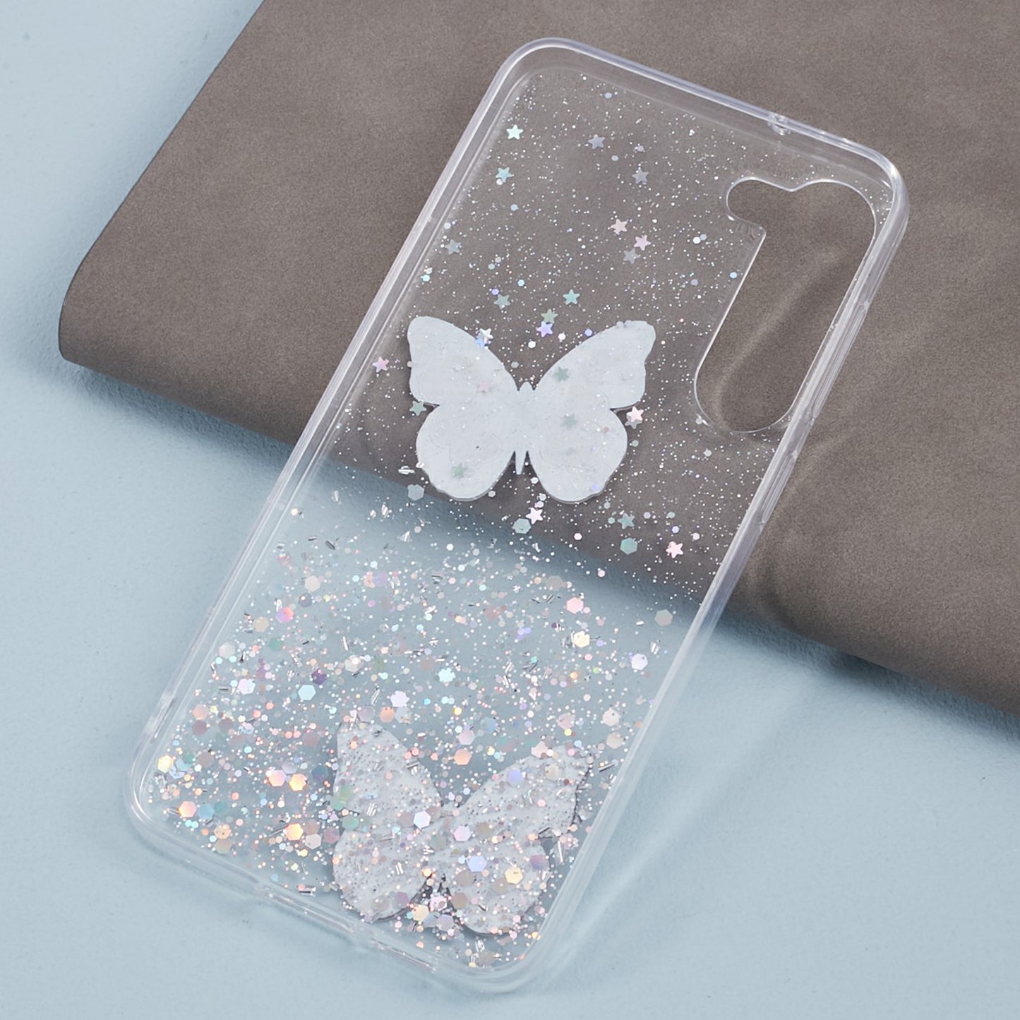 AW Series For Samsung Galaxy S24 Case TPU+PVC Sparkle Epoxy Butterfly Decor Cover with Big Rear Lens Hole - White