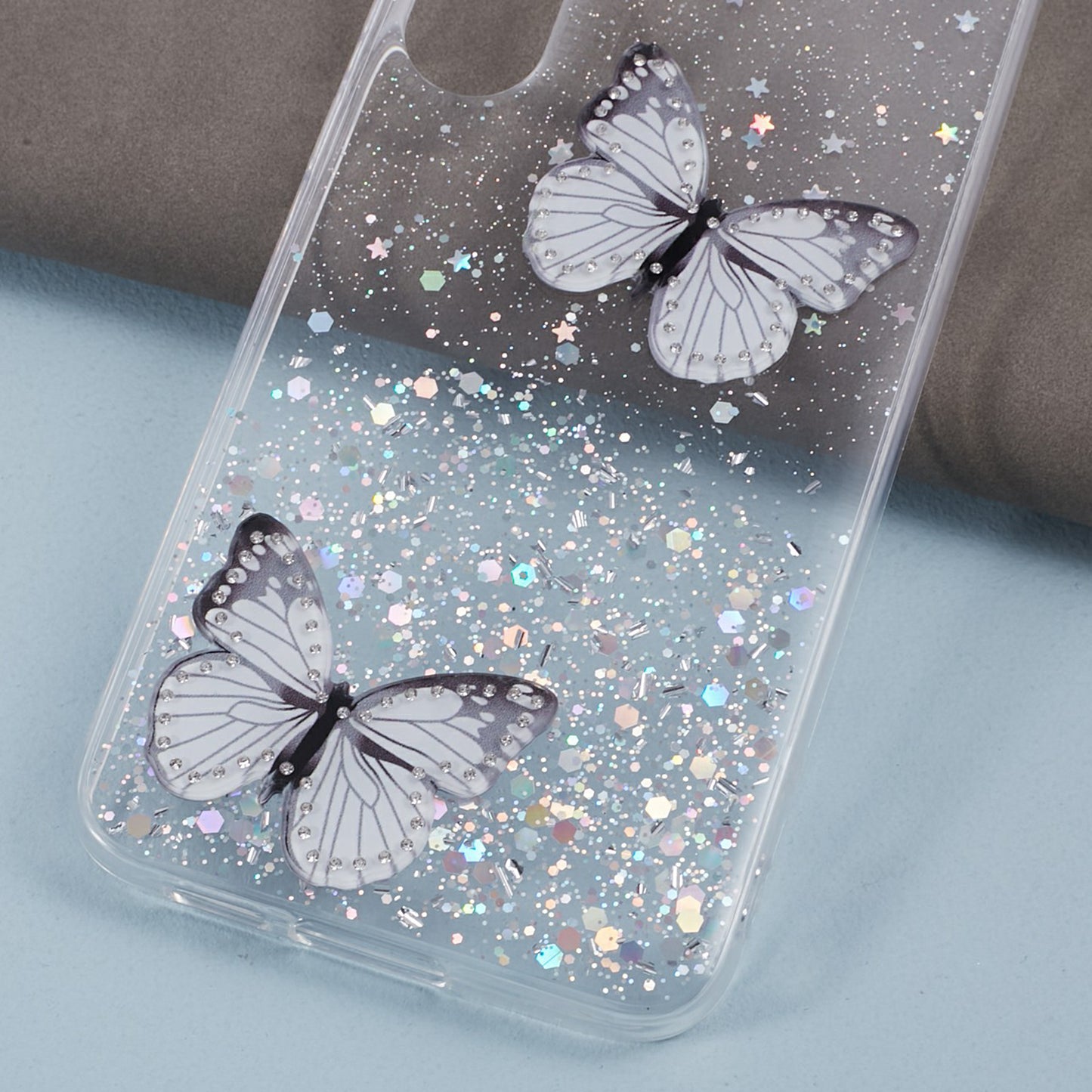 AW Series For Samsung Galaxy S24 Case TPU+PVC Sparkle Epoxy Butterfly Decor Cover with Big Rear Lens Hole - White