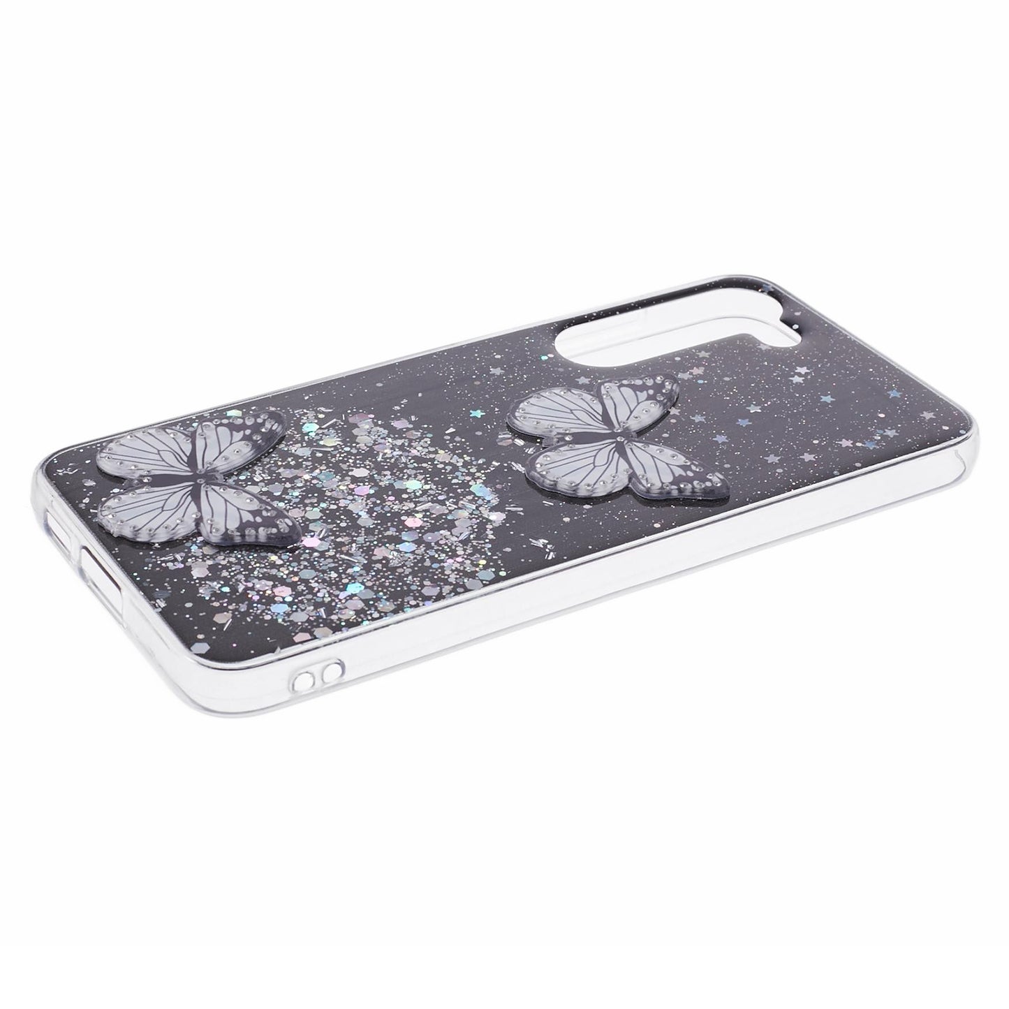 AW Series For Samsung Galaxy S24 Case TPU+PVC Sparkle Epoxy Butterfly Decor Cover with Big Rear Lens Hole - Black