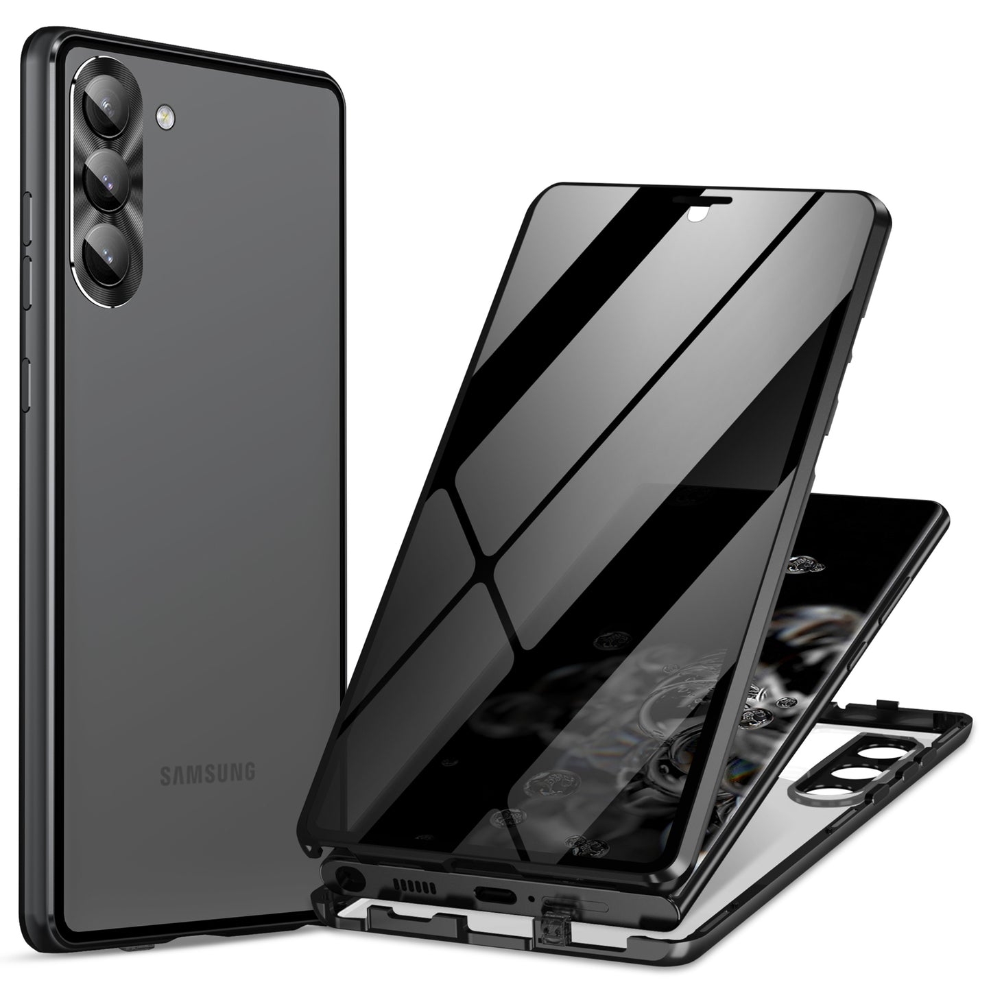 For Samsung Galaxy S24 Case Anti-Spy Double-Sided Tempered Glass Cover with Metal Frame - Black