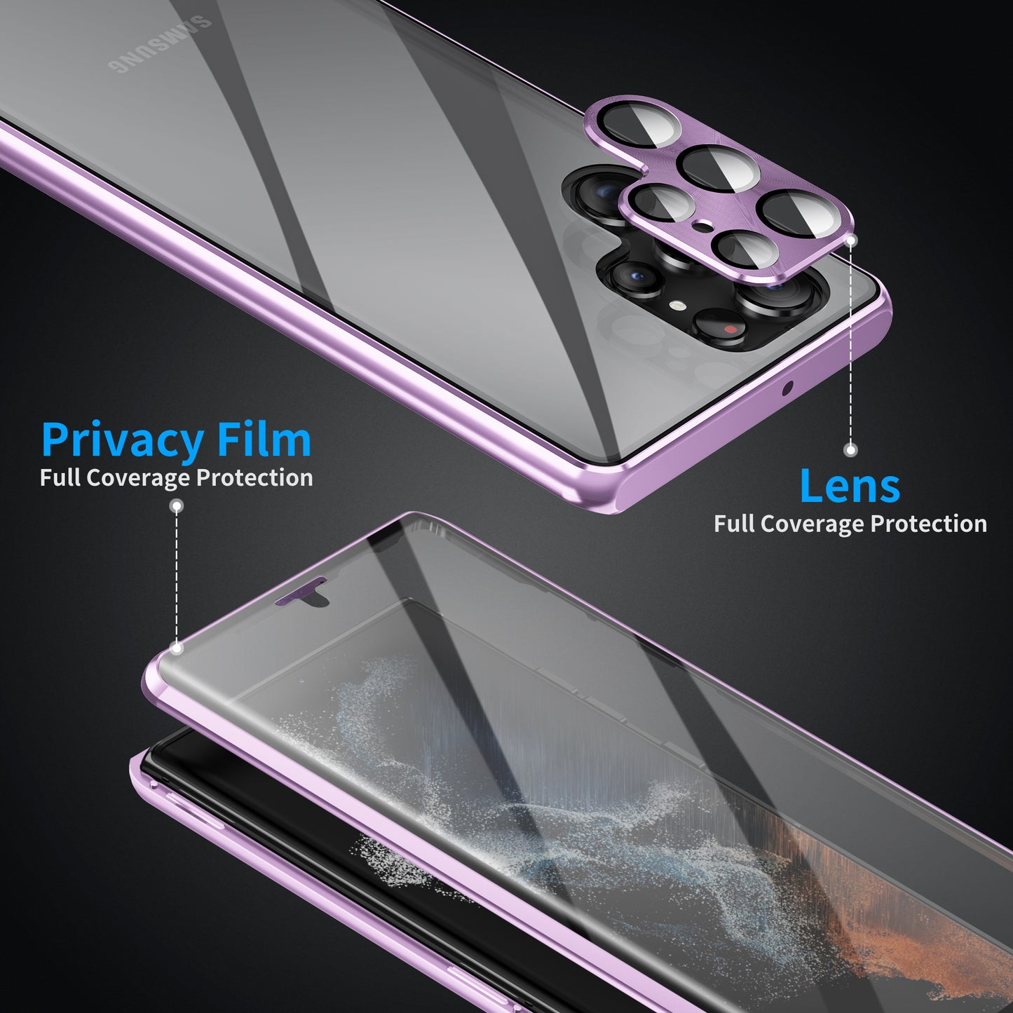 For Samsung Galaxy S24 Ultra Case Double Sides Tempered Glass Magnetic Metal Frame Cover - Light Purple