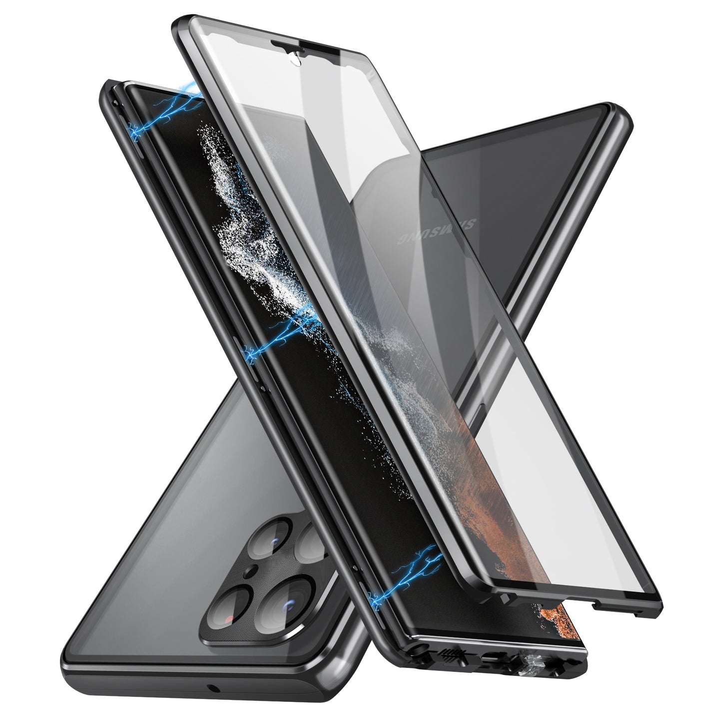 For Samsung Galaxy S24 Ultra Case Double Sides Tempered Glass Magnetic Metal Frame Cover - Black