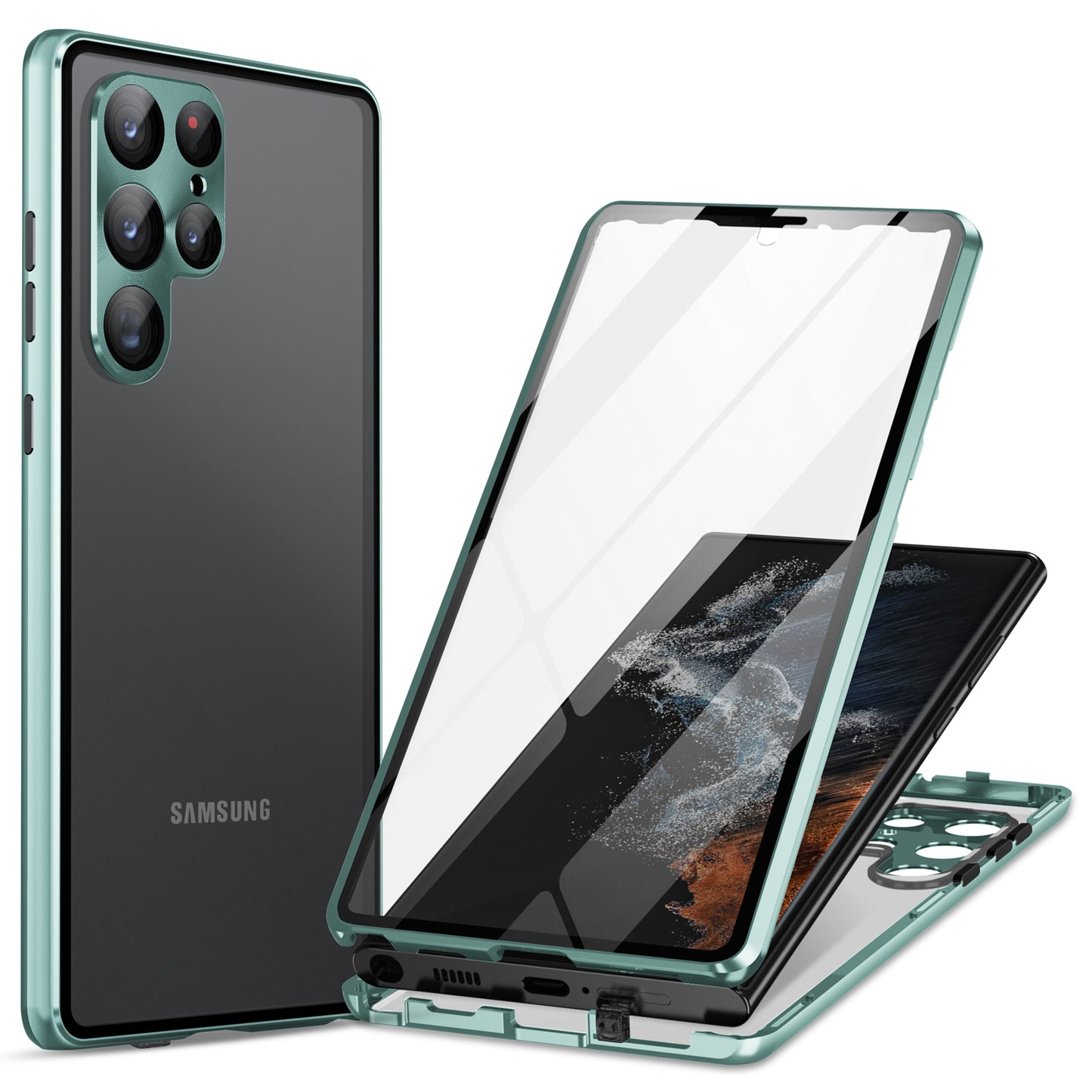 For Samsung Galaxy S24 Ultra Case Double Sides Tempered Glass Magnetic Metal Frame Cover - Green