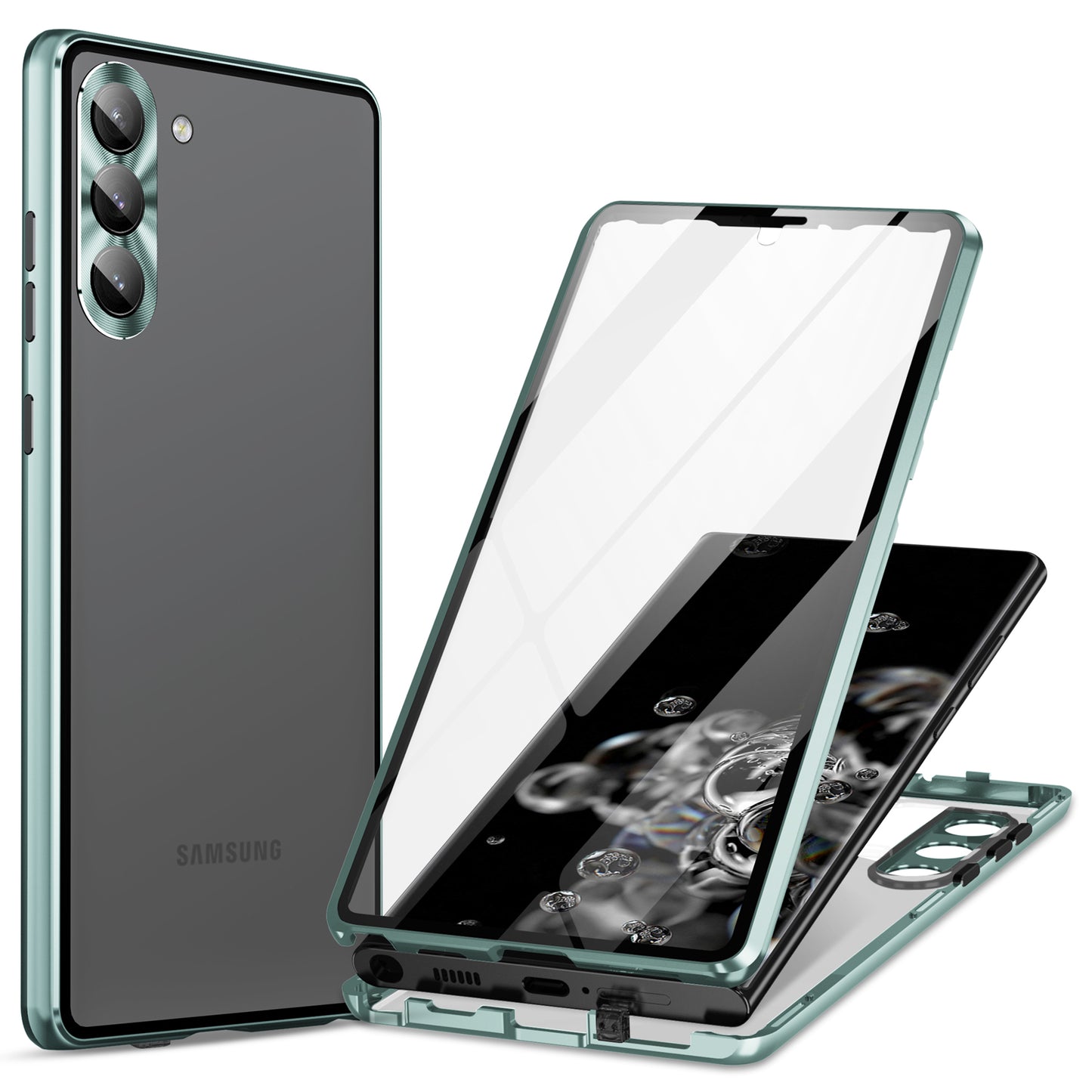 For Samsung Galaxy S24 Case Metal Frame Double Sides Tempered Glass Back Cover - Green