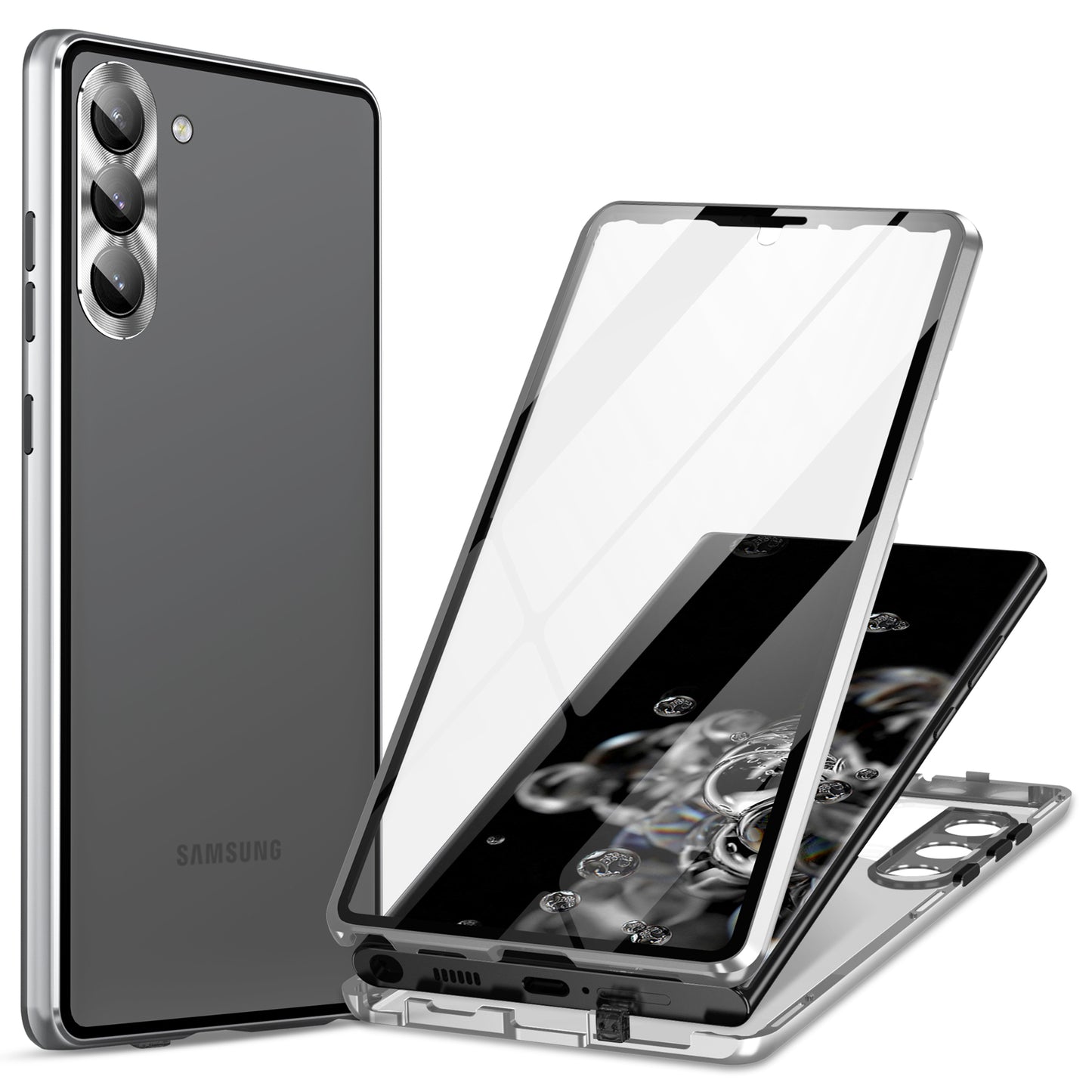 For Samsung Galaxy S24 Case Metal Frame Double Sides Tempered Glass Back Cover - Silver
