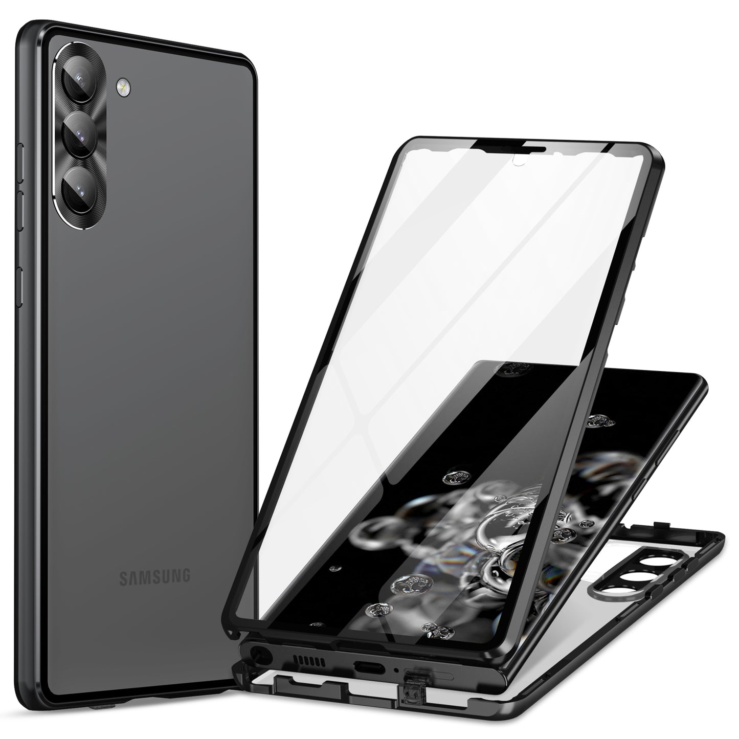 For Samsung Galaxy S24+ Case HD Clear Double Sides Tempered Glass Back Phone Cover - Black