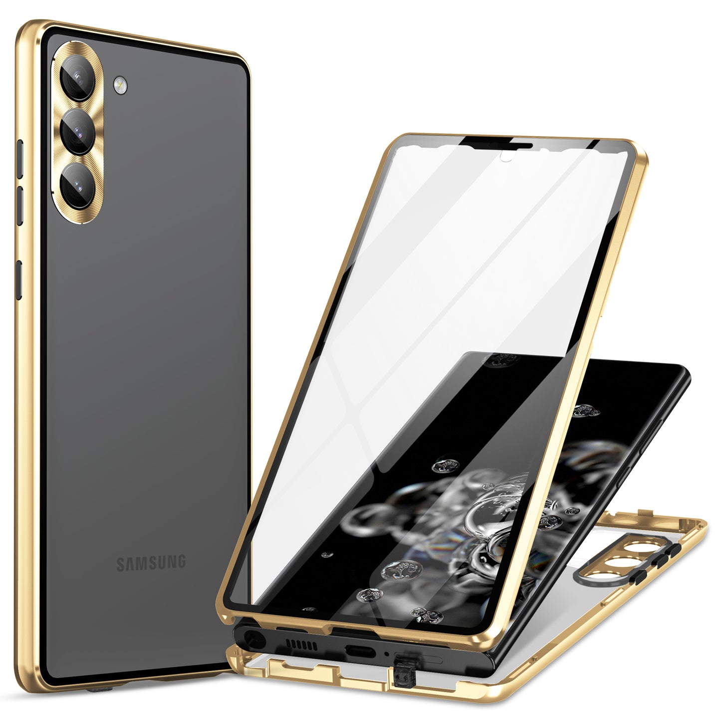 For Samsung Galaxy S24+ Case HD Clear Double Sides Tempered Glass Back Phone Cover - Gold