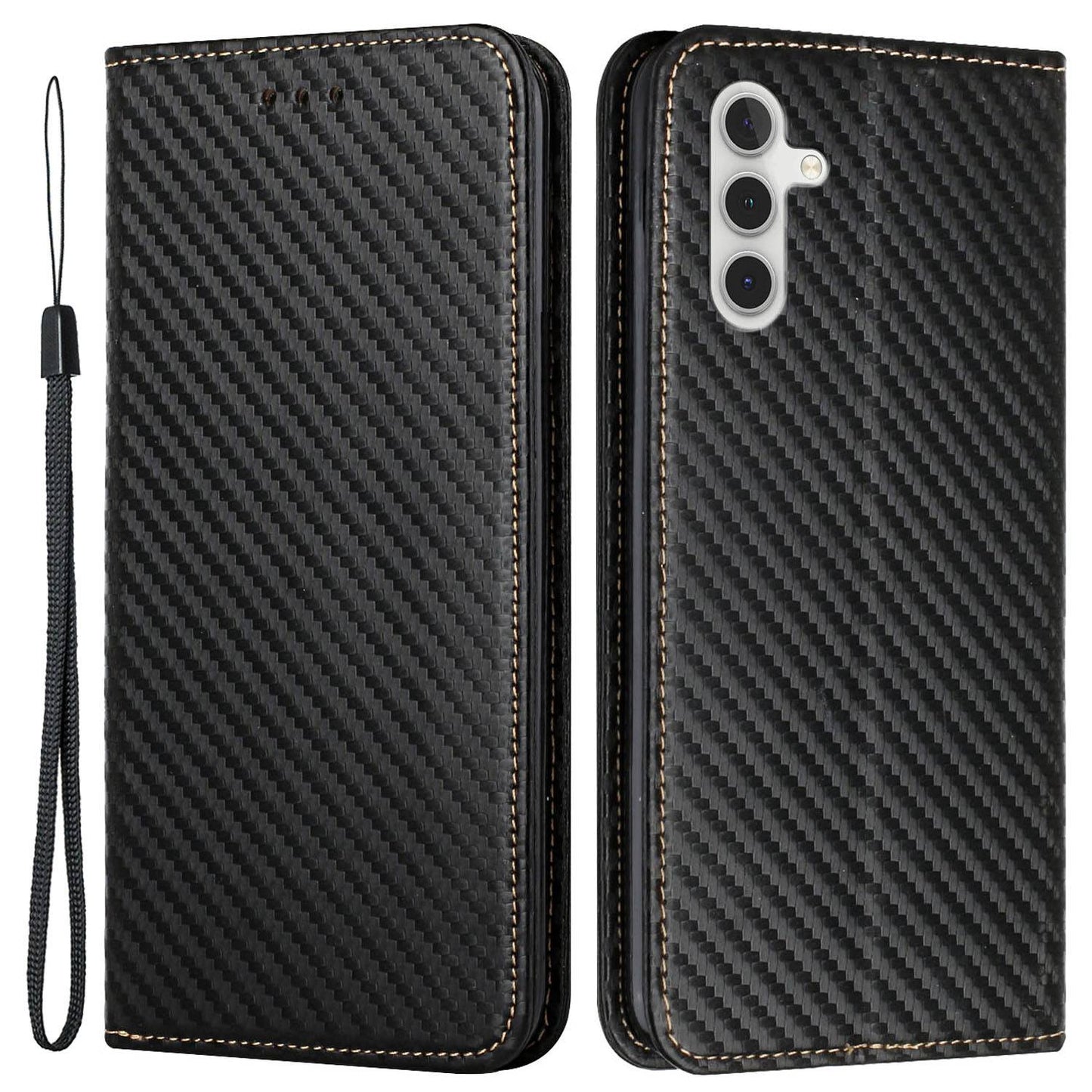 For Samsung Galaxy S24 Case Carbon Fiber Texture Wallet Stand Leather Cover - Black