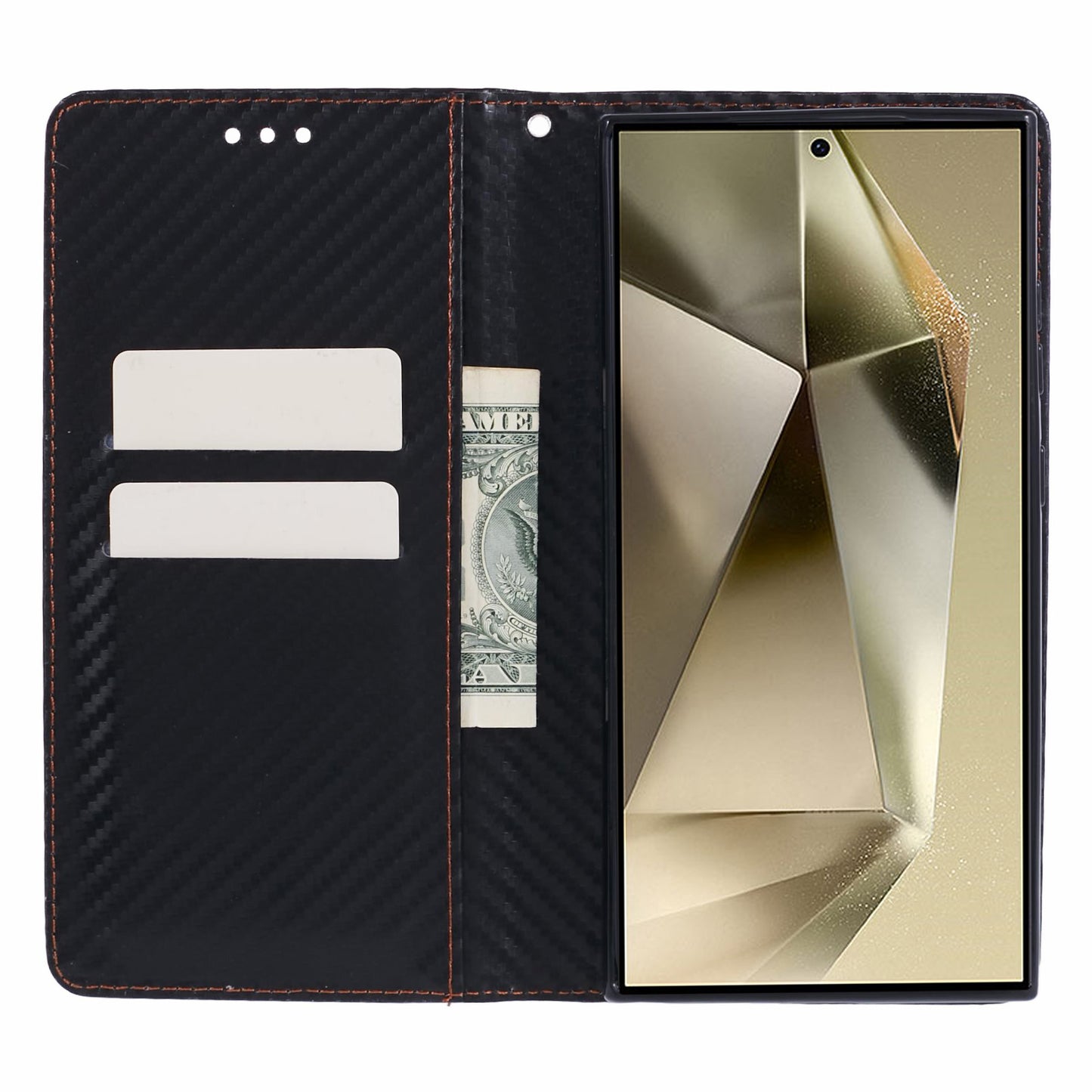 For Samsung Galaxy S24 Ultra Case Carbon Fiber Texture Wallet Stand Cover - Black