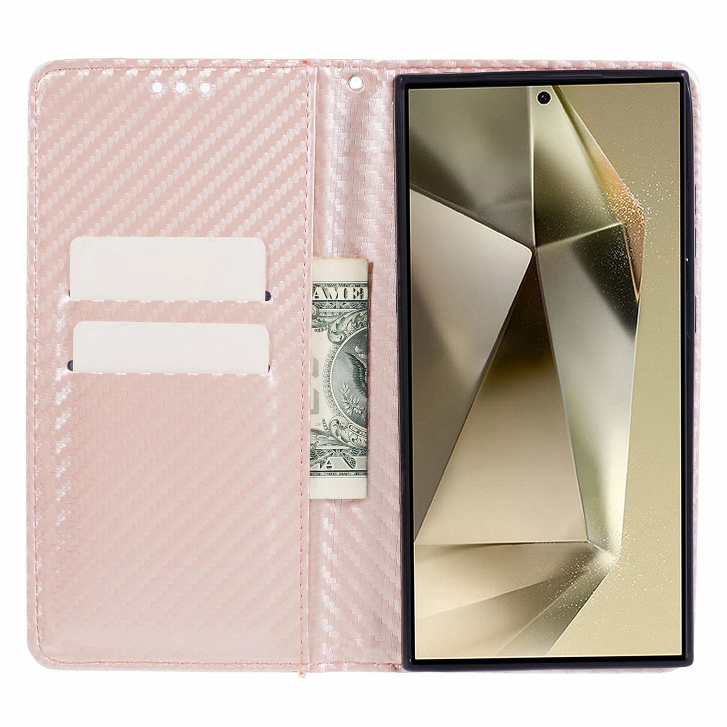 For Samsung Galaxy S24 Ultra Case Carbon Fiber Texture Wallet Stand Cover - Rose Gold