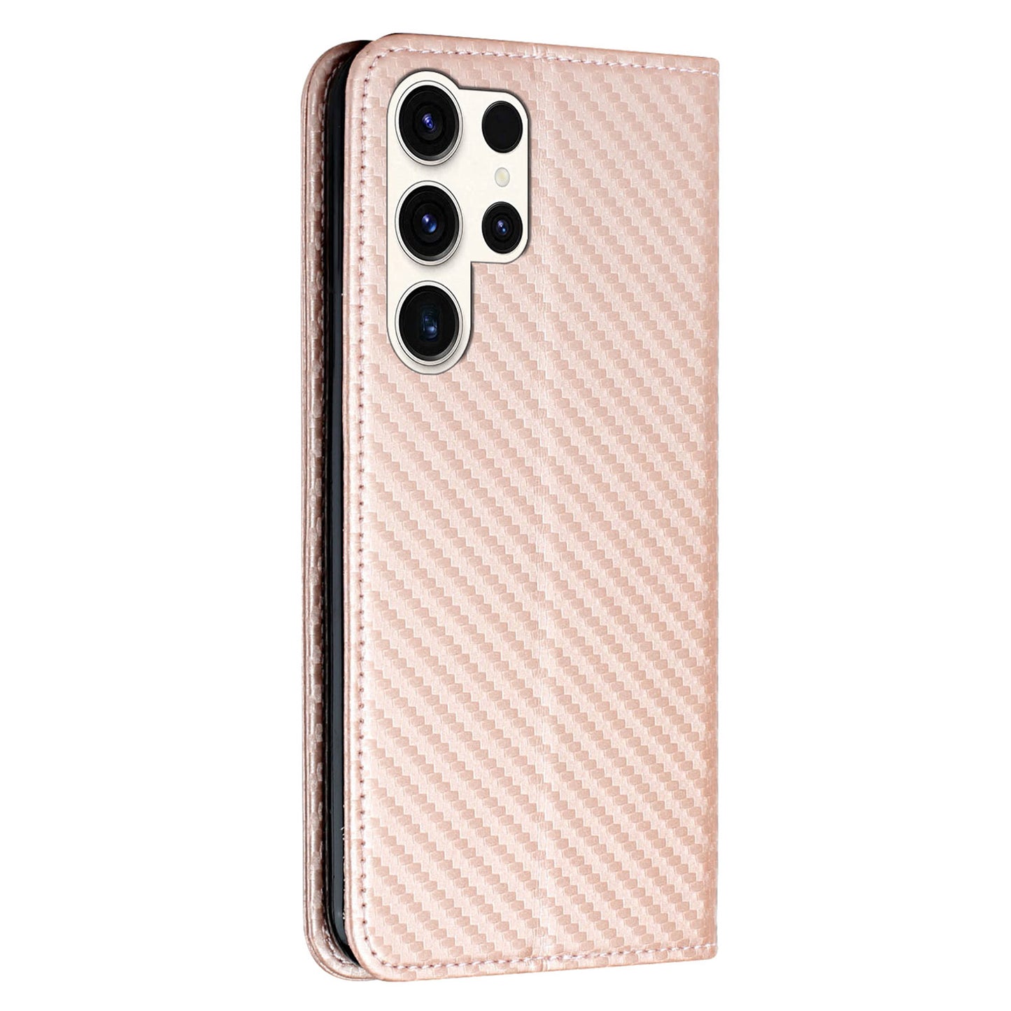 For Samsung Galaxy S24 Ultra Case Carbon Fiber Texture Wallet Stand Cover - Rose Gold