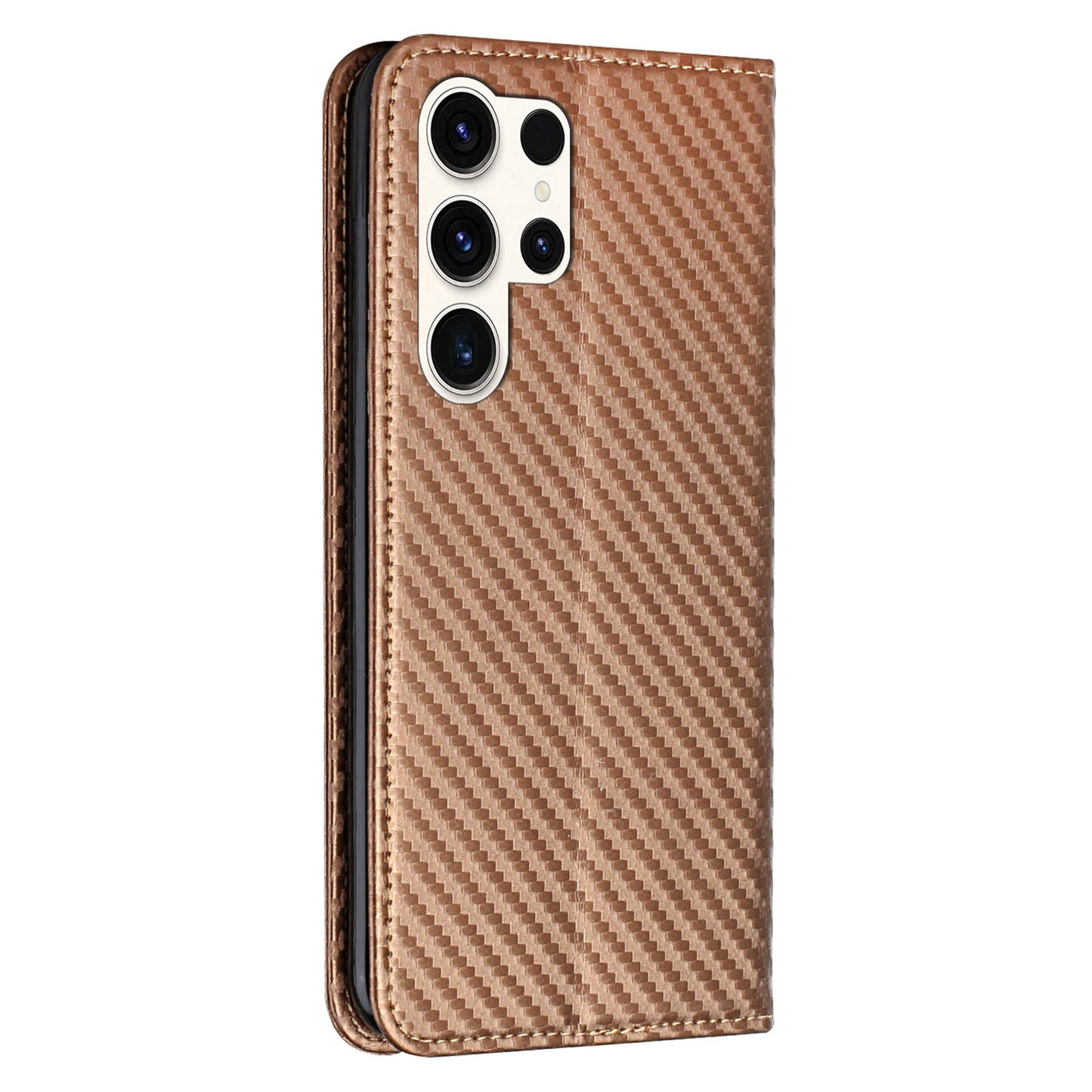 For Samsung Galaxy S24 Ultra Case Carbon Fiber Texture Wallet Stand Cover - Brown